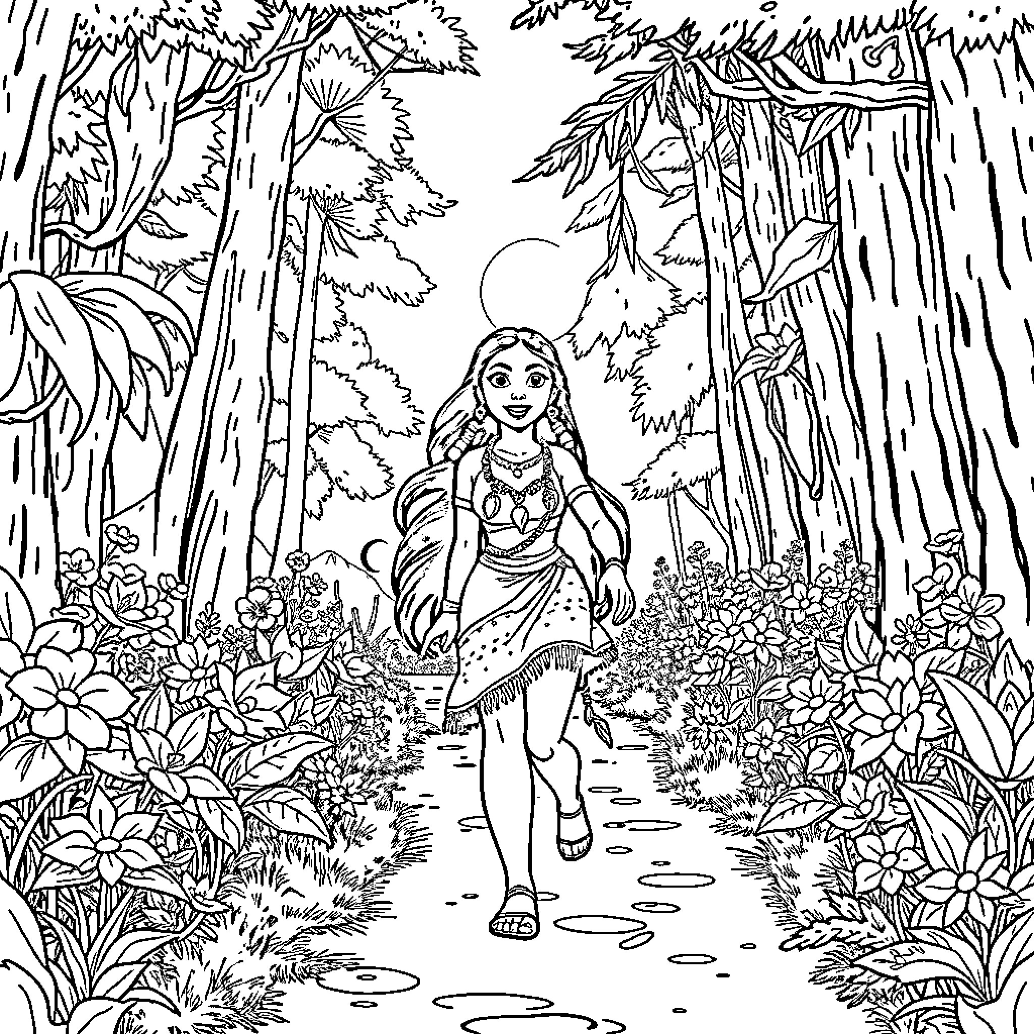 Pocahontas exploring the enchanting forest Coloring Page (free black-and-white line drawing printable PDF for all, from beginners to advanced learners, including children, teens, adults, and seniors)