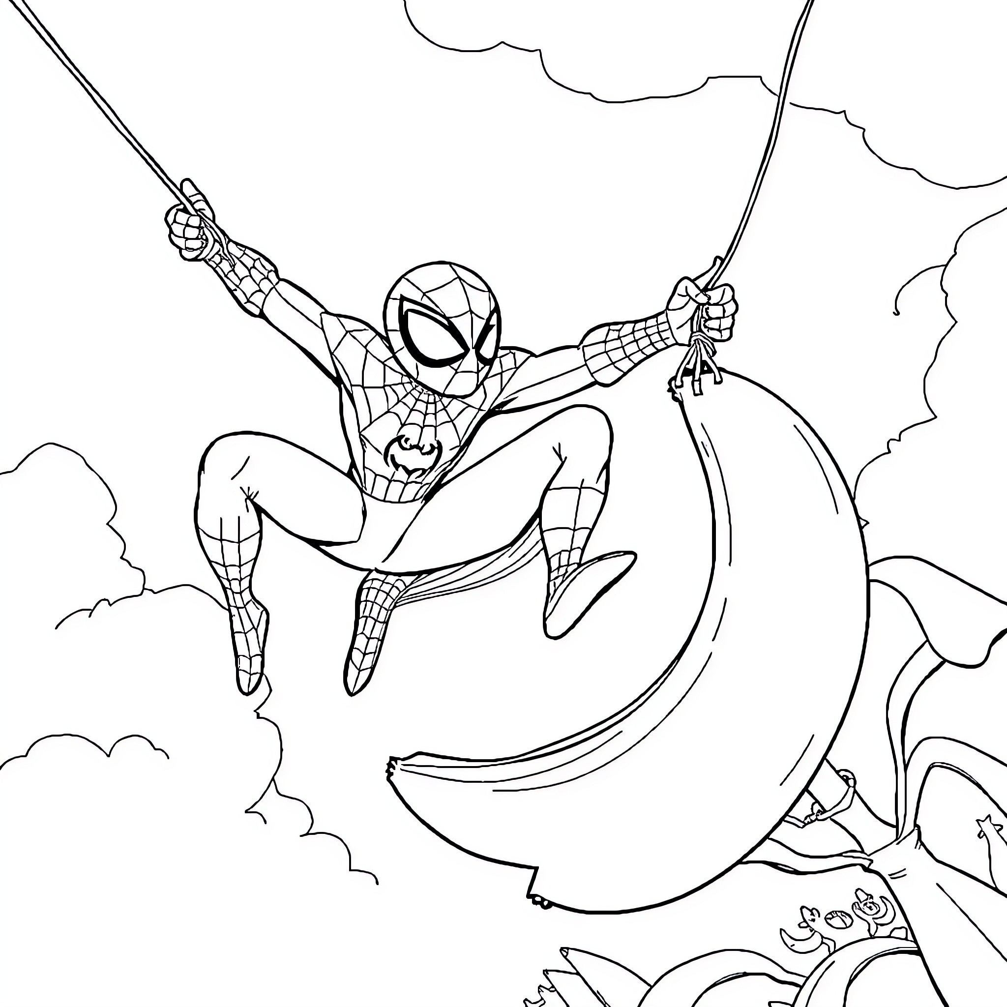 Spidey swinging through clouds on web Coloring Page (free black-and-white line drawing printable PDF for all, from beginners to advanced learners, including children, teens, adults, and seniors)