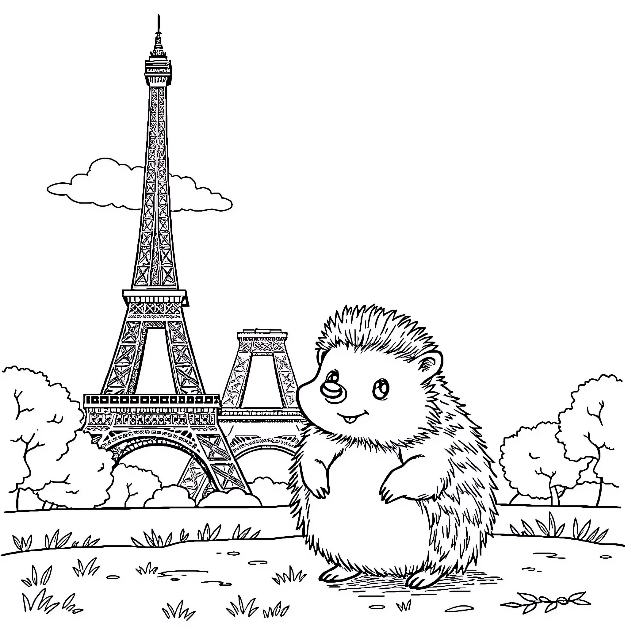 Hedgehog exploring the Eiffel Tower in Paris Coloring Page (free black-and-white line drawing printable PDF for all, from beginners to advanced learners, including children, teens, adults, and seniors)