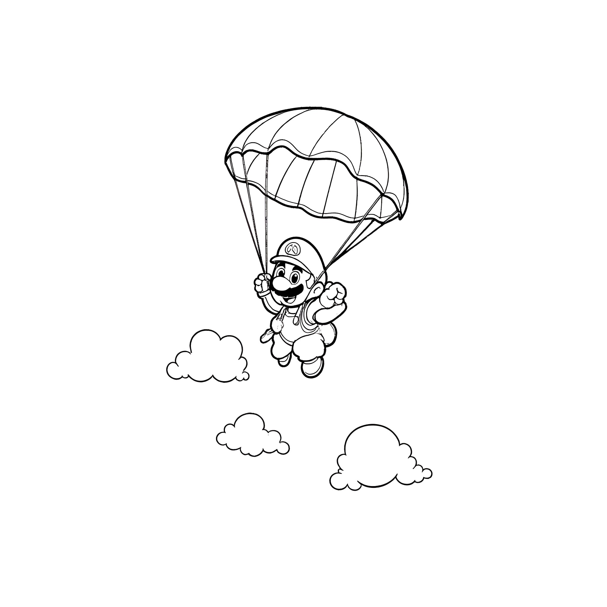 Mario skydiving with a parachute Coloring Page (free black-and-white line drawing printable PDF for all, from beginners to advanced learners, including children, teens, adults, and seniors)