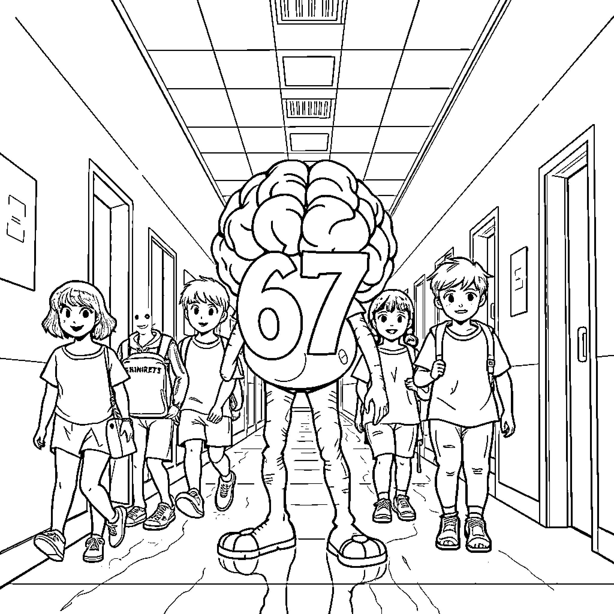 Brainrot: Odd students in a school hallway Coloring Page (free black-and-white line drawing printable PDF for all, from beginners to advanced learners, including children, teens, adults, and seniors)