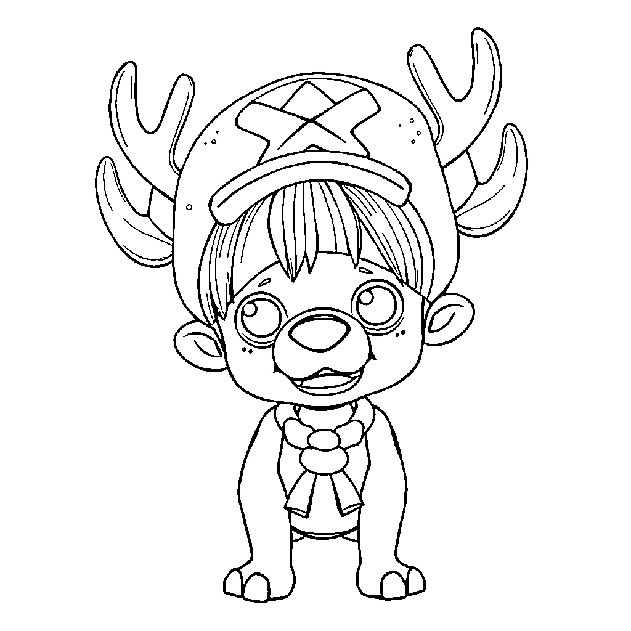 Chopper dressed as a cute reindeer character Coloring Page (free black-and-white line drawing printable PDF for all, from beginners to advanced learners, including children, teens, adults, and seniors)