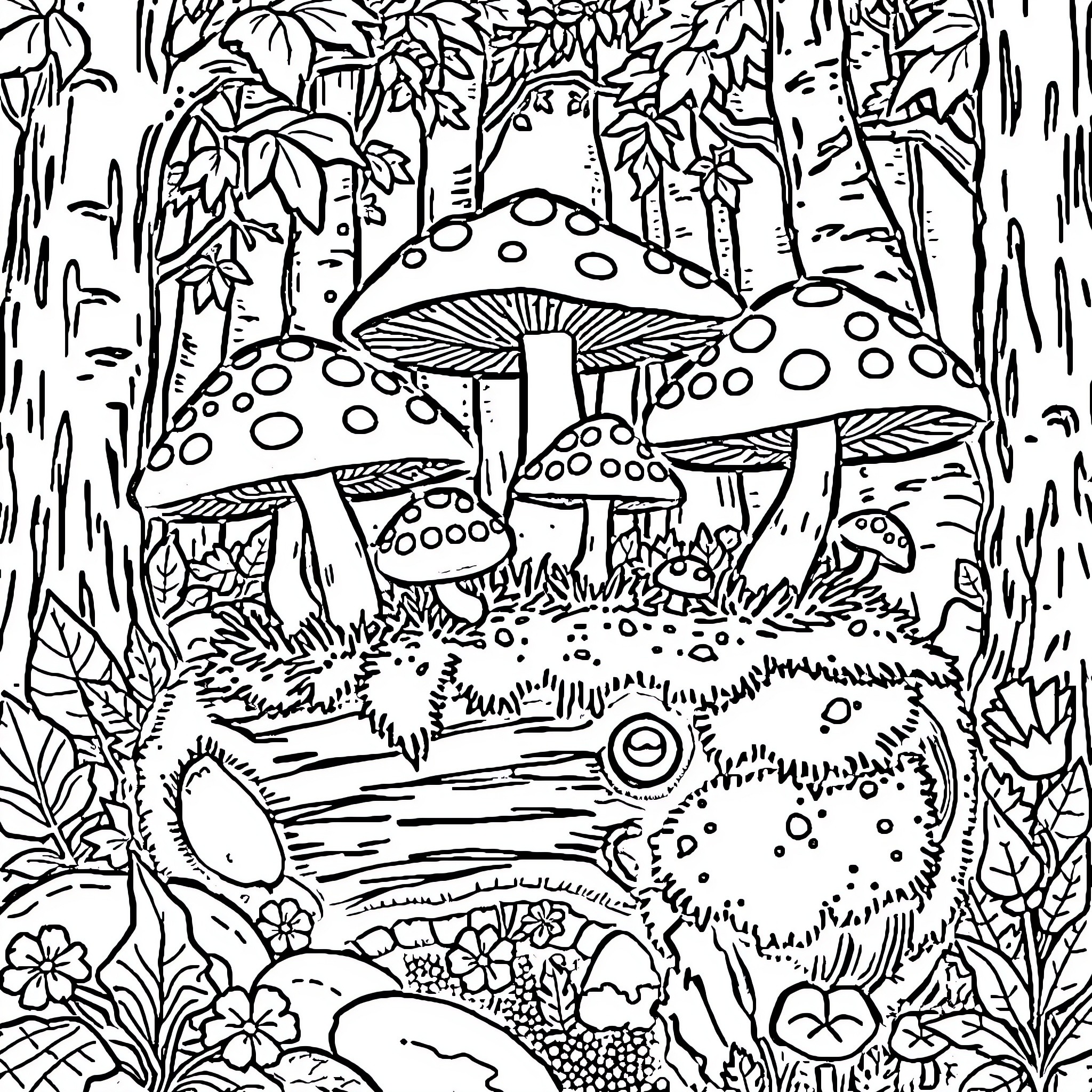 Mushroom Forest Scene with Whimsical Details Coloring Page (free black-and-white line drawing printable PDF for all, from beginners to advanced learners, including children, teens, adults, and seniors)