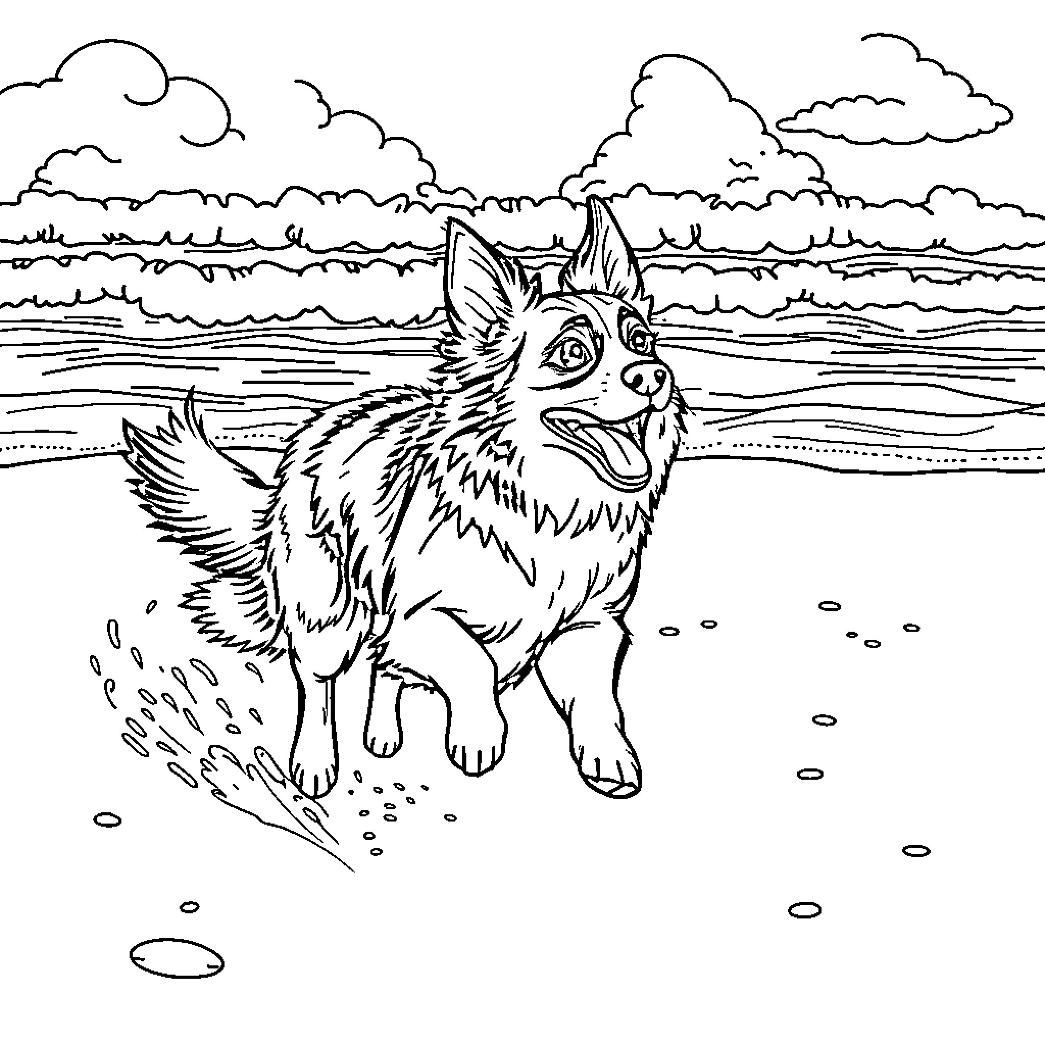 Border Collie playing happily on the beach Coloring Page (free black-and-white line drawing printable PDF for all, from beginners to advanced learners, including children, teens, adults, and seniors)
