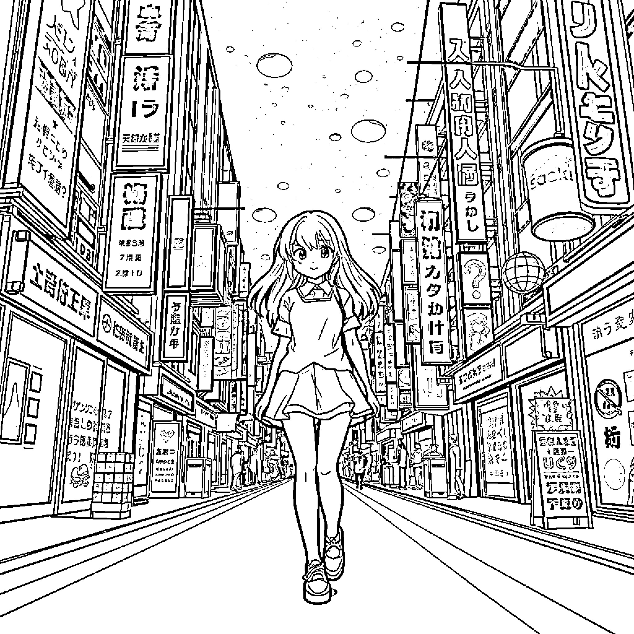 Anime Girl Exploring Lively City Streets Coloring Page (free black-and-white line drawing printable PDF for all, from beginners to advanced learners, including children, teens, adults, and seniors)