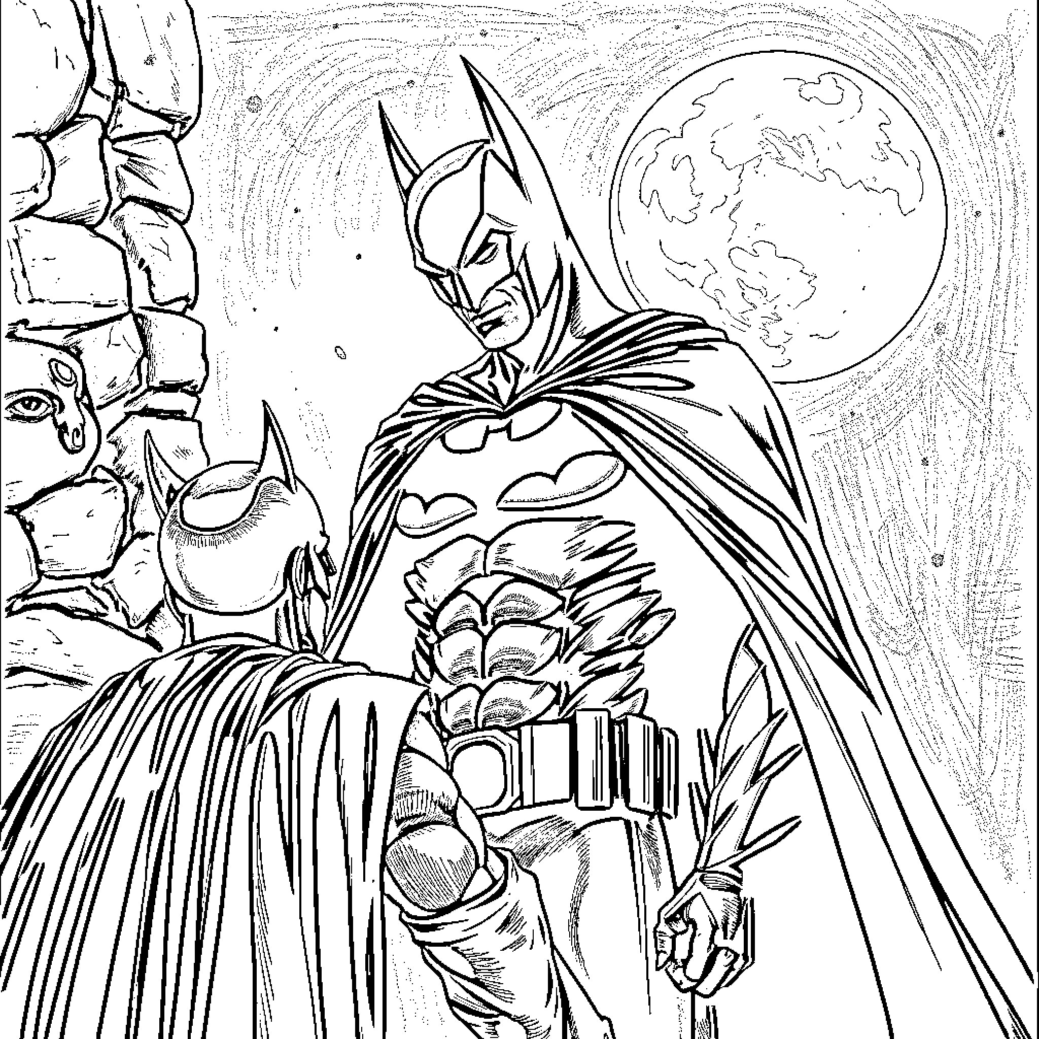 Predator Batman Surveying the City at Night Coloring Page (free black-and-white line drawing printable PDF for all, from beginners to advanced learners, including children, teens, adults, and seniors)
