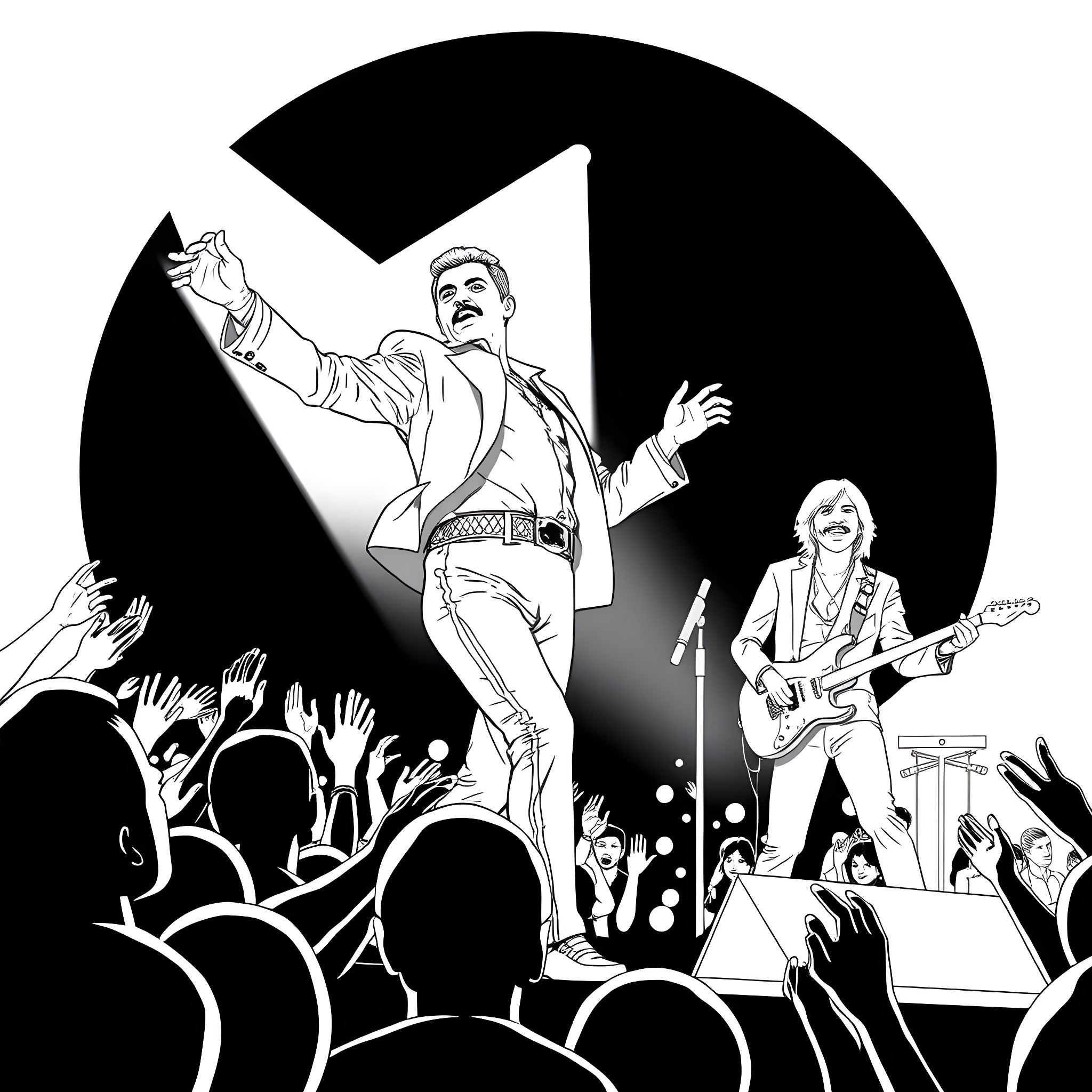 Freddie Mercury captivating the crowd on stage Coloring Page (free black-and-white line drawing printable PDF for all, from beginners to advanced learners, including children, teens, adults, and seniors)