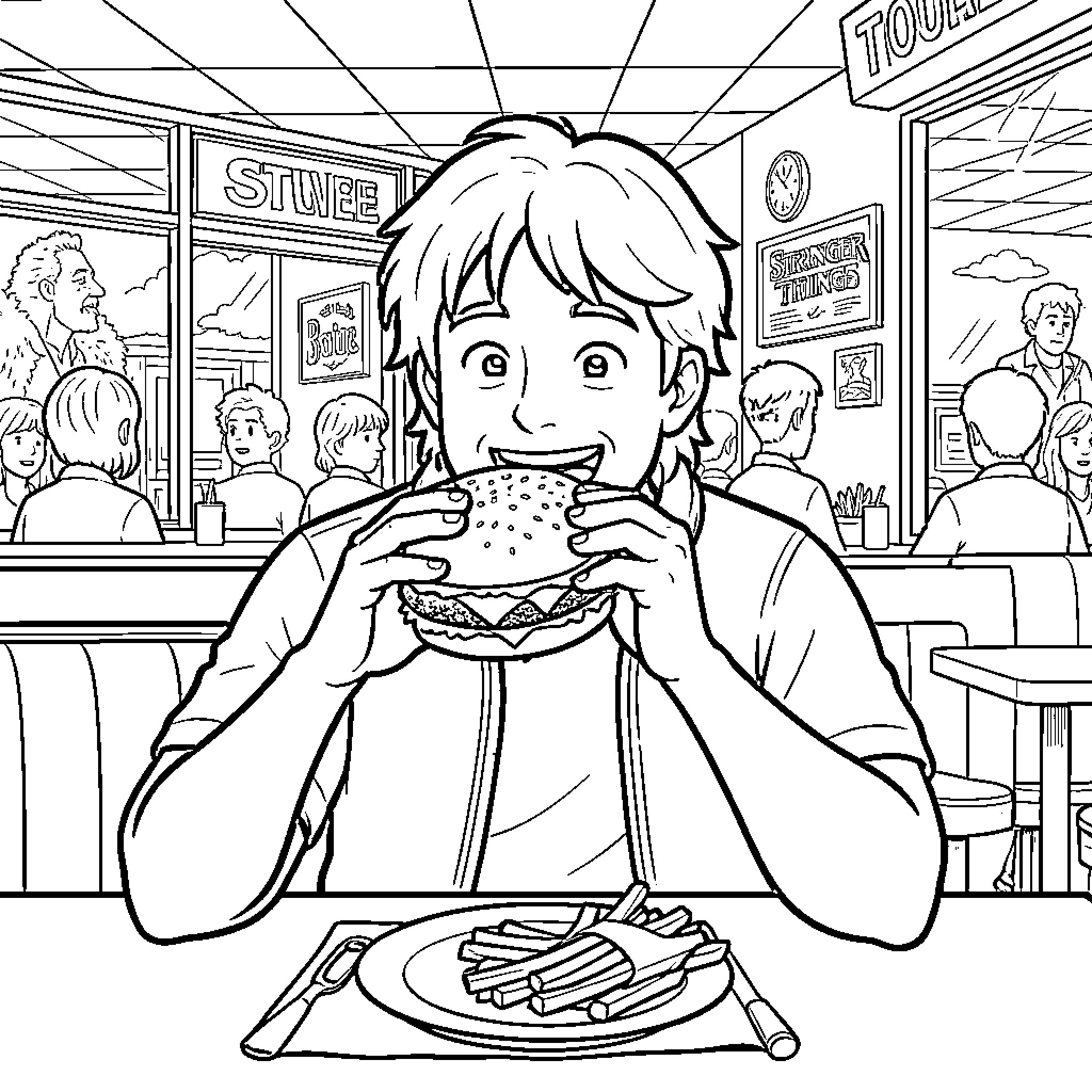 Steve enjoys a tasty burger in the diner Coloring Page (free black-and-white line drawing printable PDF for all, from beginners to advanced learners, including children, teens, adults, and seniors)