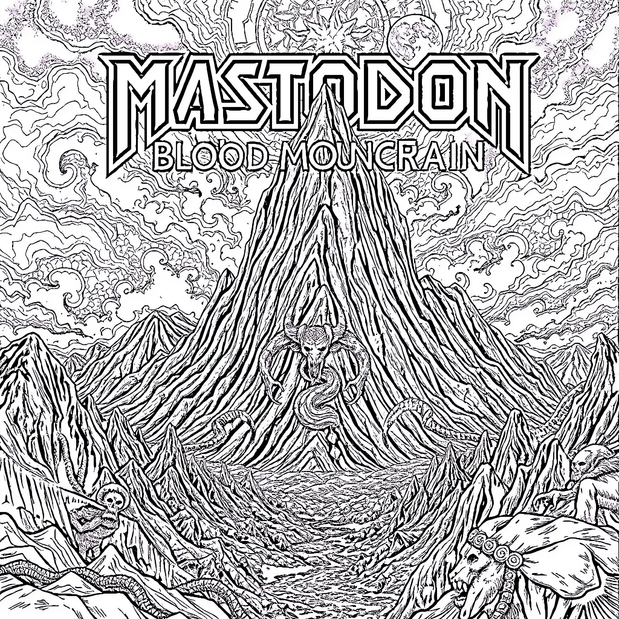 Blood Mountain: Intricate Volcanic Landscape Coloring Page (free black-and-white line drawing printable PDF for all, from beginners to advanced learners, including children, teens, adults, and seniors)