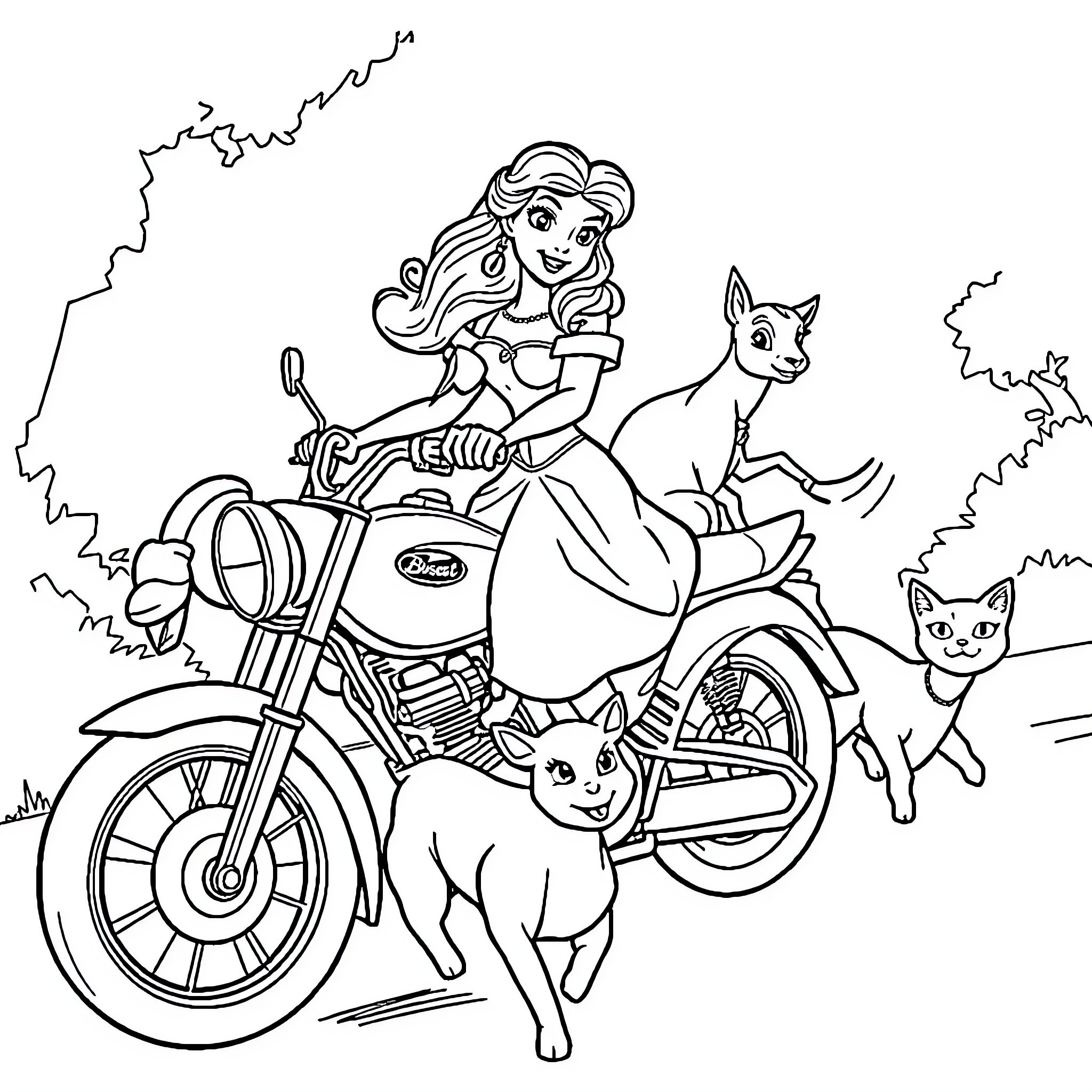 Belle Rides Motorcycle with Pets Coloring Page (free black-and-white line drawing printable PDF for all, from beginners to advanced learners, including children, teens, adults, and seniors)