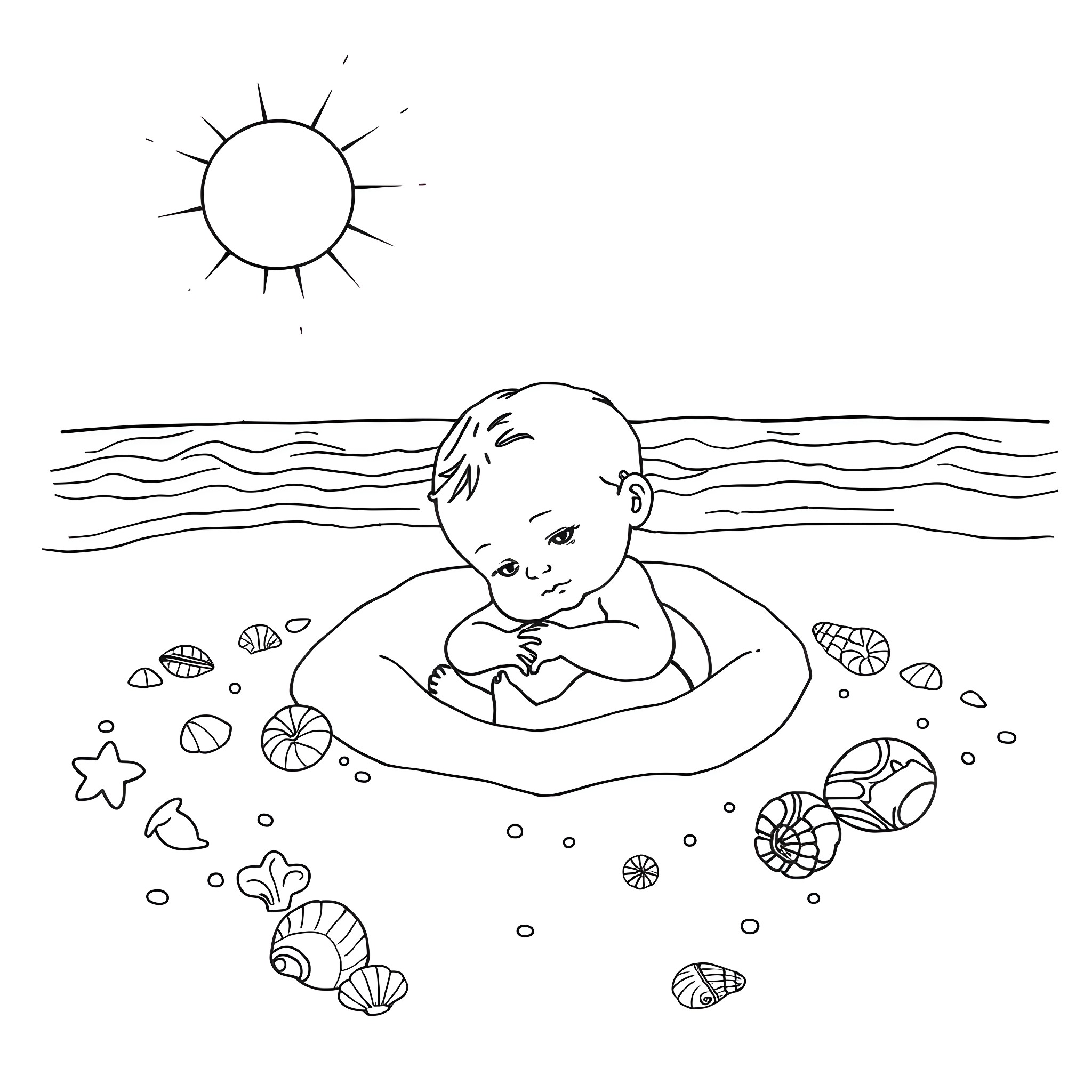 Baby enjoying peaceful day at the beach Coloring Page (free black-and-white line drawing printable PDF for all, from beginners to advanced learners, including children, teens, adults, and seniors)