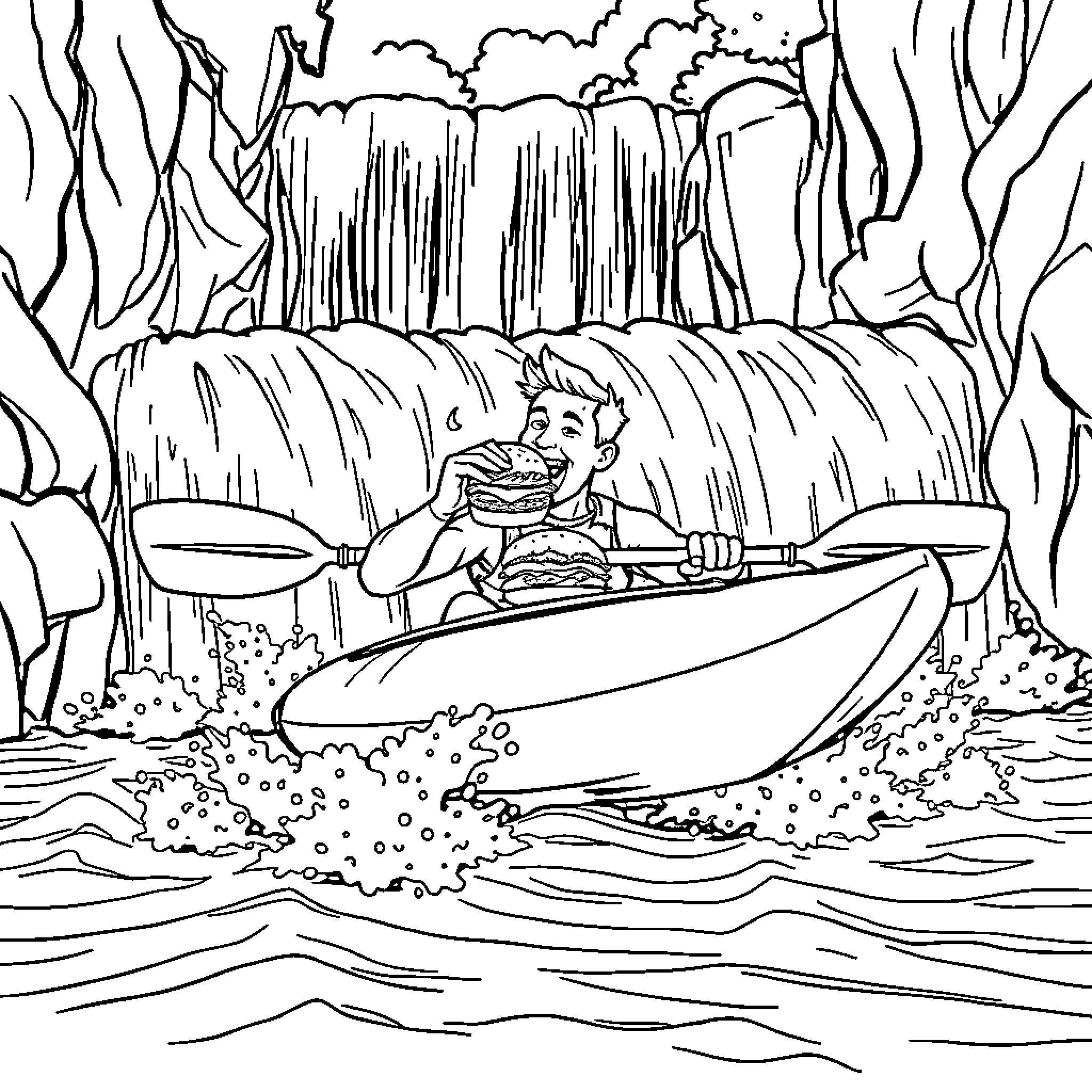 Man enjoying kayaking adventure near waterfall Coloring Page (free black-and-white line drawing printable PDF for all, from beginners to advanced learners, including children, teens, adults, and seniors)