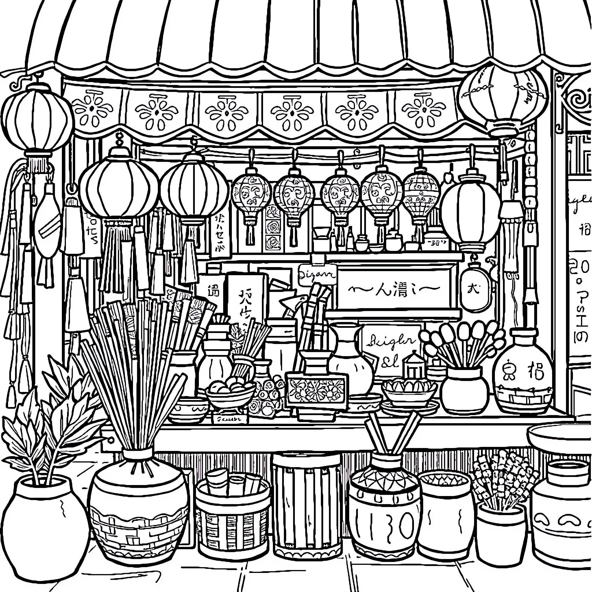 Chinese Item Traditional Market with Diverse Goods Coloring Page (free black-and-white line drawing printable PDF for all, from beginners to advanced learners, including children, teens, adults, and seniors)