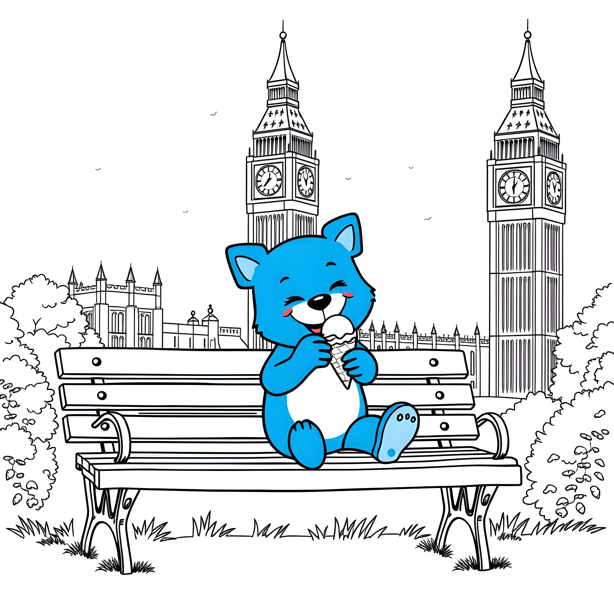 Bluey playing on a bench in front of Big Ben Coloring Page (free black-and-white line drawing printable PDF for all, from beginners to advanced learners, including children, teens, adults, and seniors)