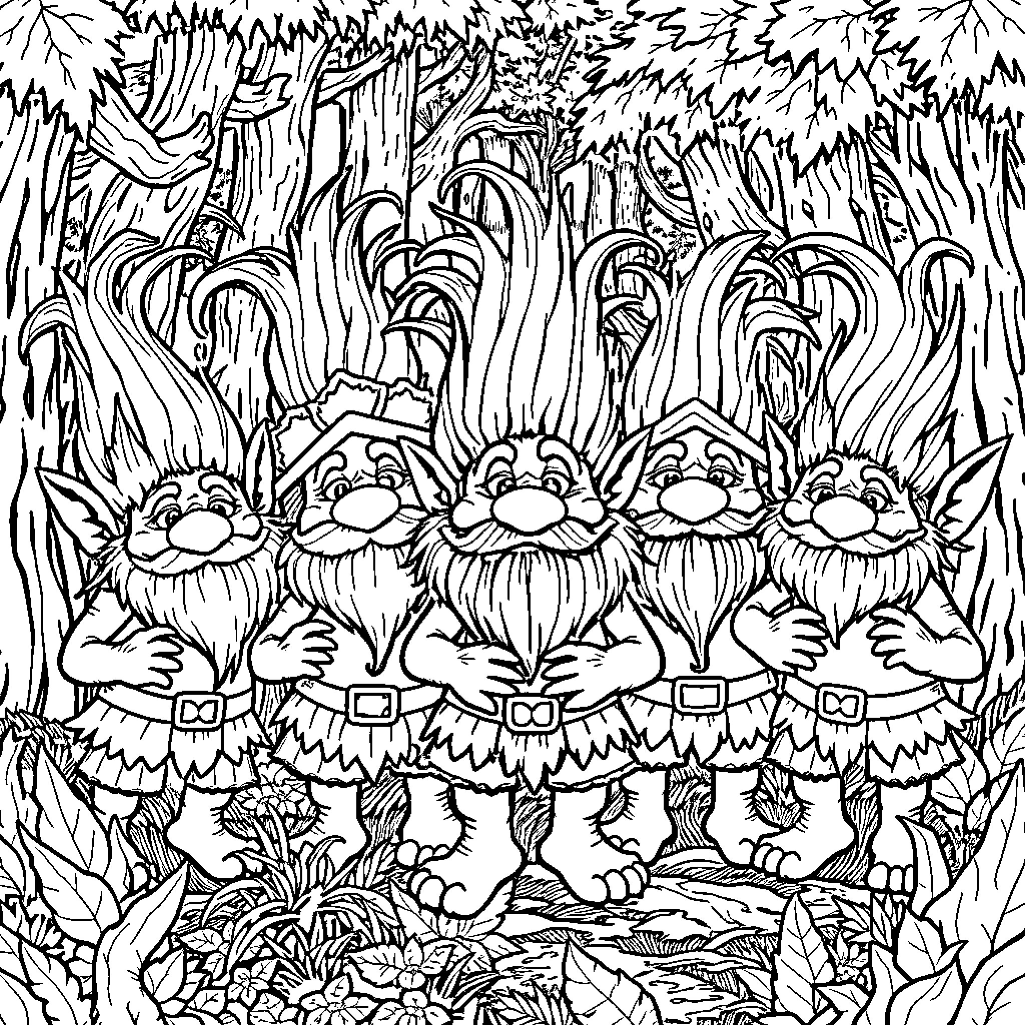 Troll Forest Gathering in the Undergrowth Coloring Page (free black-and-white line drawing printable PDF for all, from beginners to advanced learners, including children, teens, adults, and seniors)