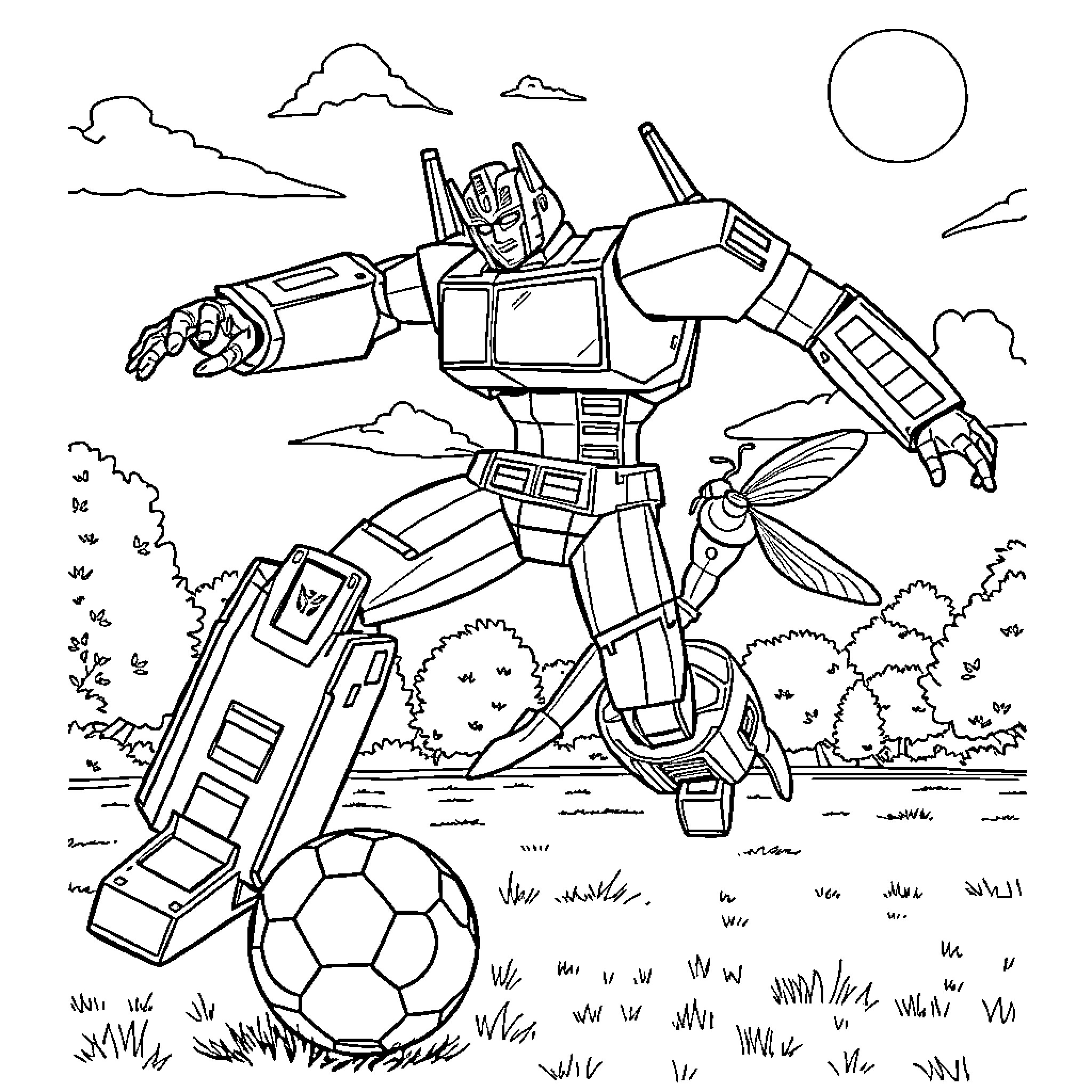 Optimus Prime in action-packed outdoor scene Coloring Page (free black-and-white line drawing printable PDF for all, from beginners to advanced learners, including children, teens, adults, and seniors)