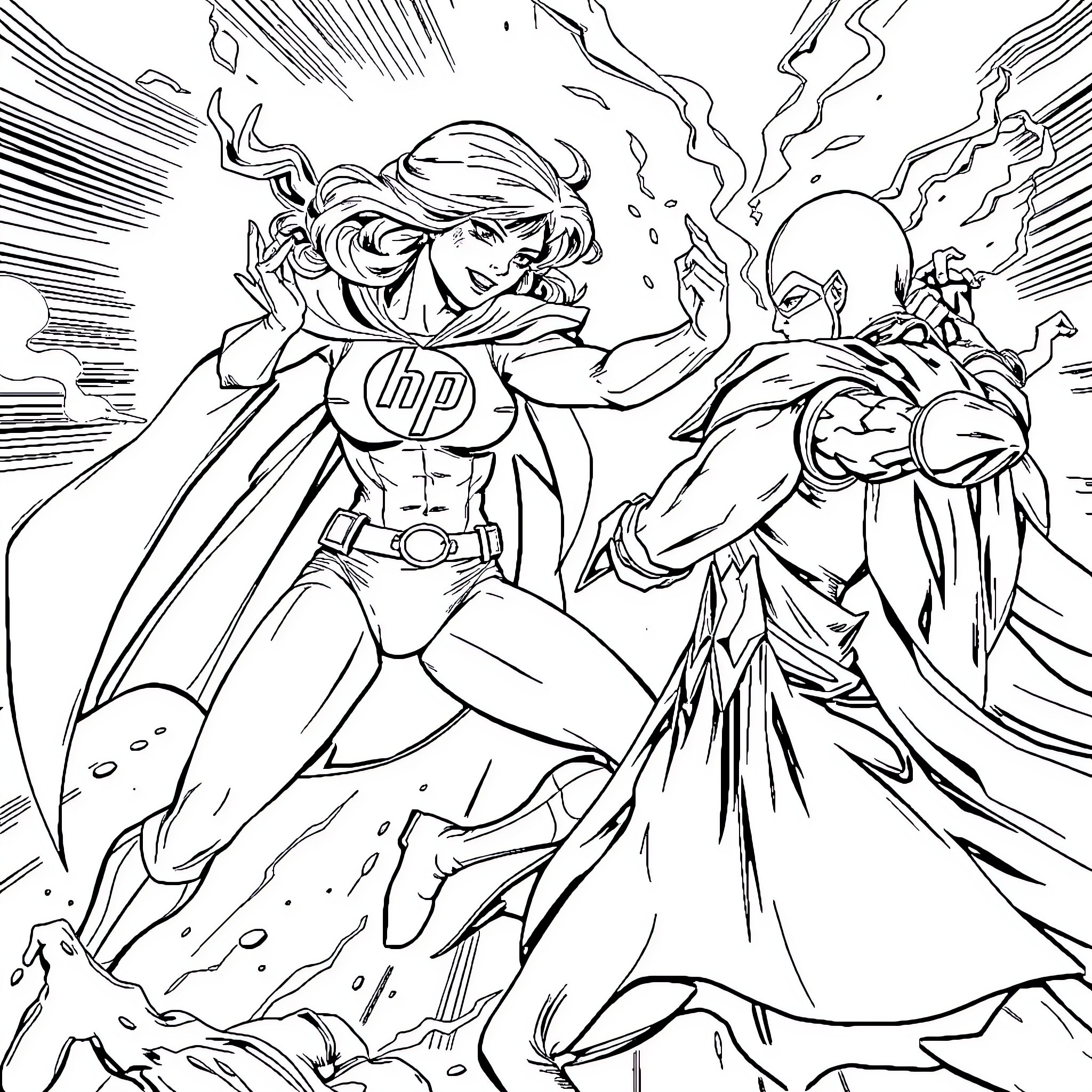 Superhero action heroes in epic battle Coloring Page (free black-and-white line drawing printable PDF for all, from beginners to advanced learners, including children, teens, adults, and seniors)