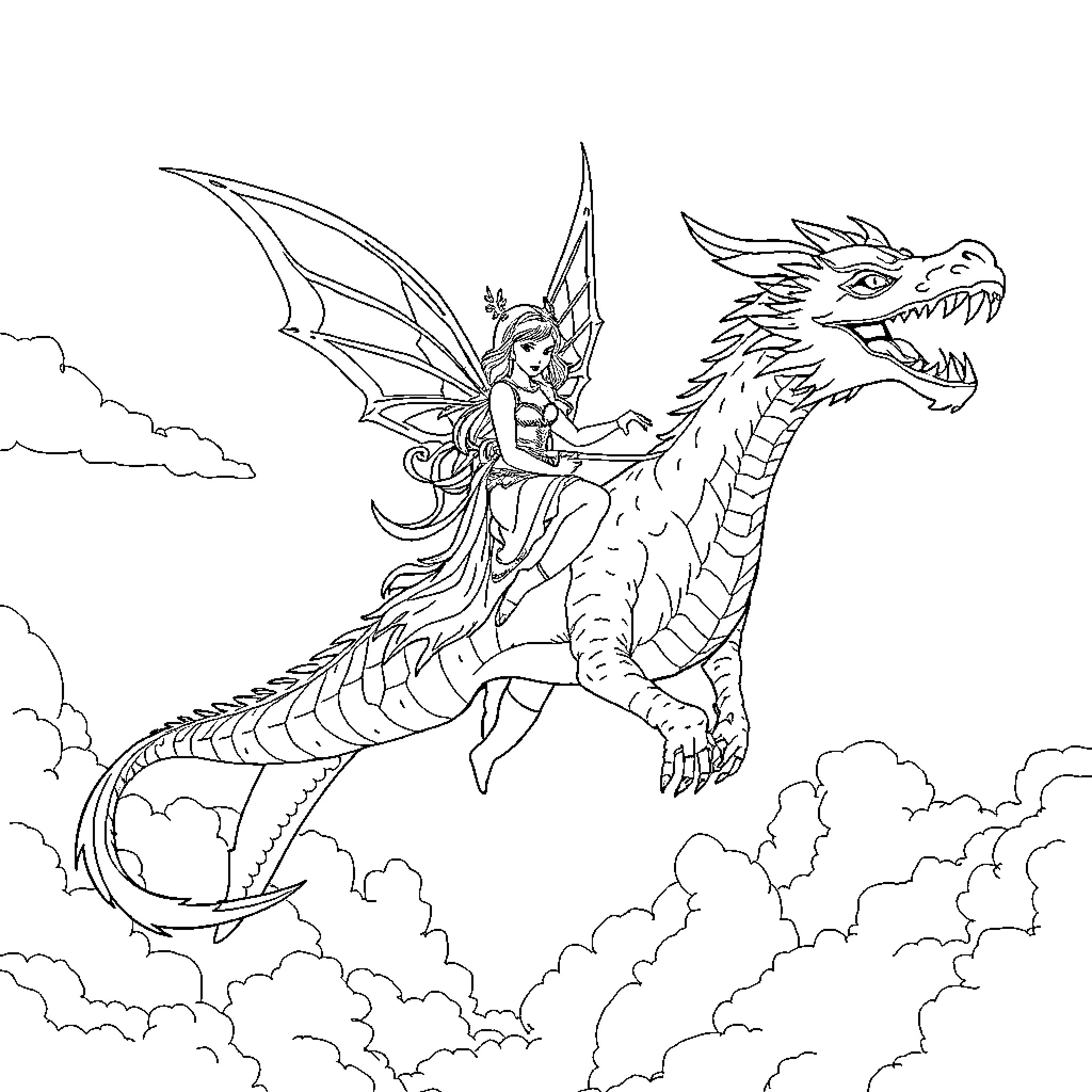 Fairy riding a fearsome dragon in the clouds Coloring Page (free black-and-white line drawing printable PDF for all, from beginners to advanced learners, including children, teens, adults, and seniors)