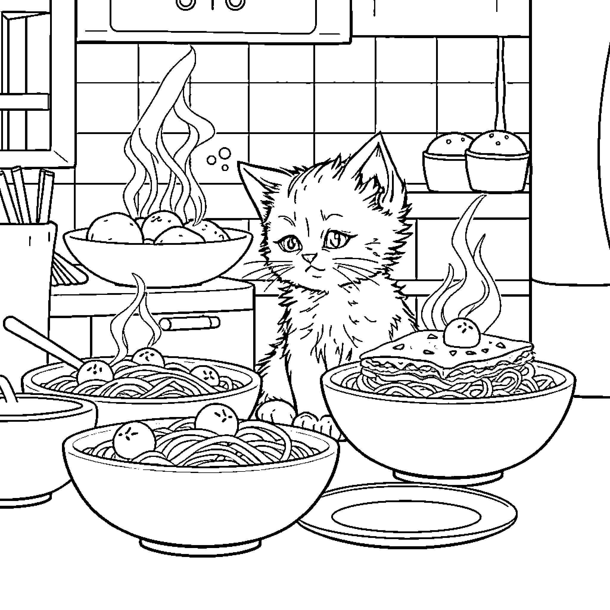 Kitten exploring the kitchen counter Coloring Page (free black-and-white line drawing printable PDF for all, from beginners to advanced learners, including children, teens, adults, and seniors)