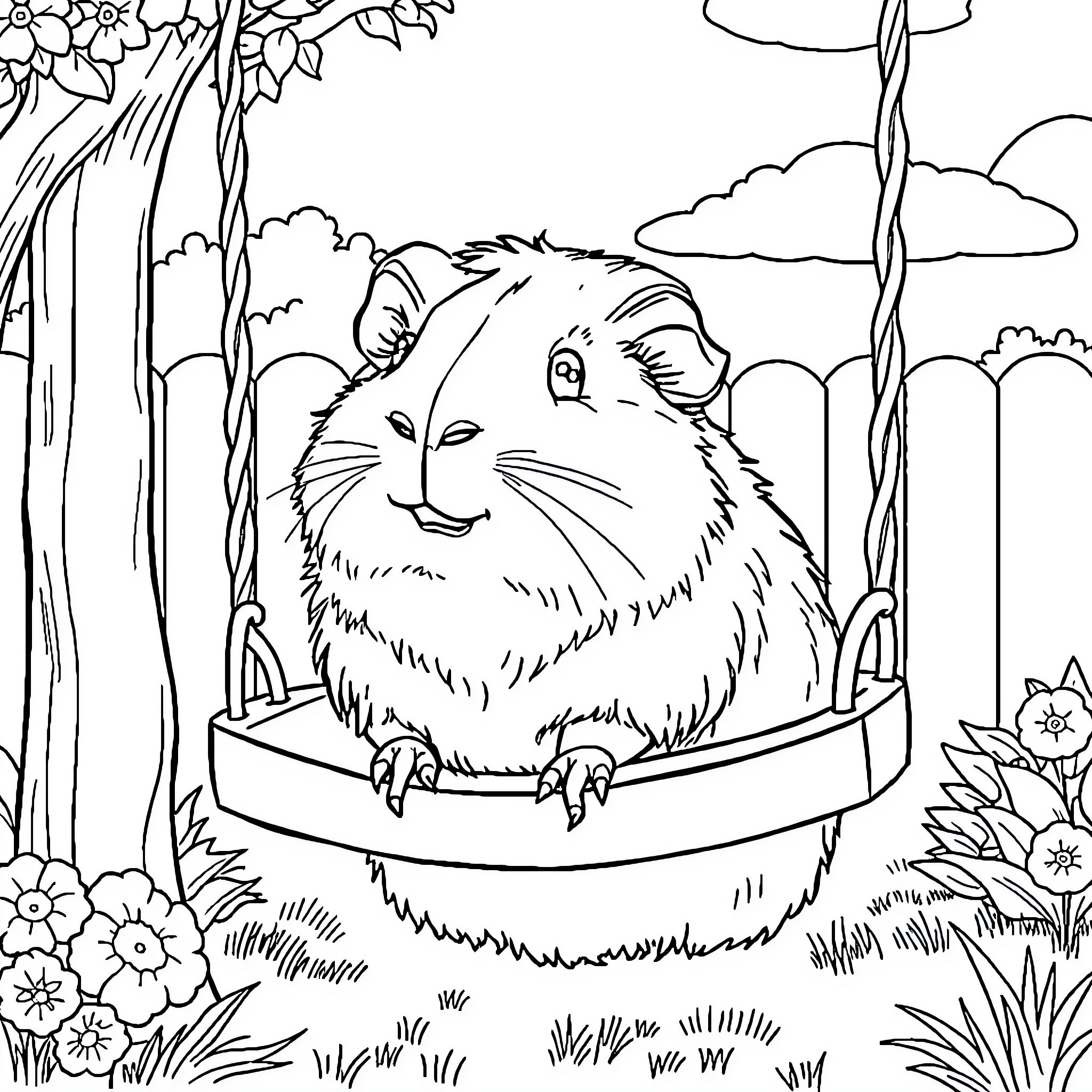 Guinea Pig Swinging Happily in the Forest Coloring Page (free black-and-white line drawing printable PDF for all, from beginners to advanced learners, including children, teens, adults, and seniors)