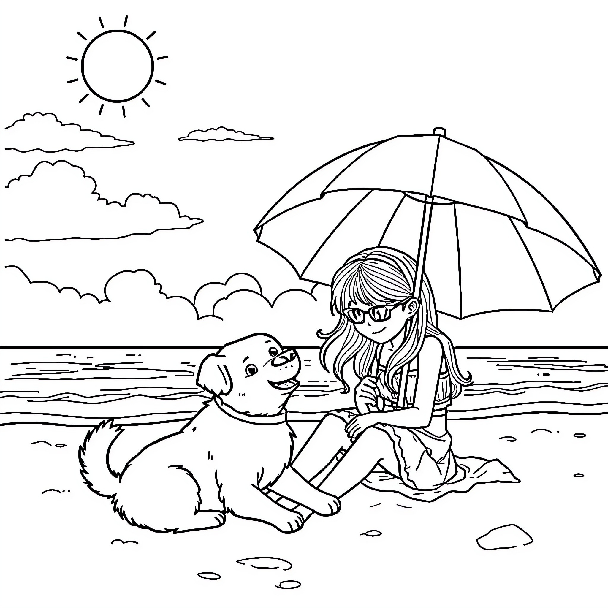 Dog and girl enjoying sunny day at the beach Coloring Page (free black-and-white line drawing printable PDF for all, from beginners to advanced learners, including children, teens, adults, and seniors)