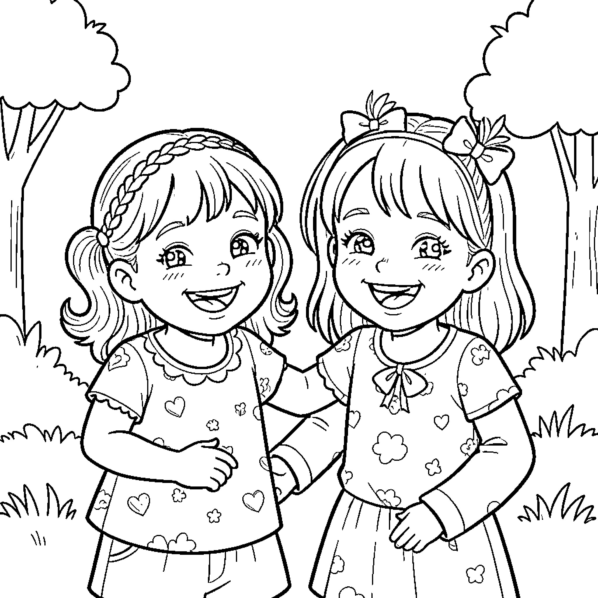 Family Friends Enjoying Outdoors Together Coloring Page (free black-and-white line drawing printable PDF for all, from beginners to advanced learners, including children, teens, adults, and seniors)