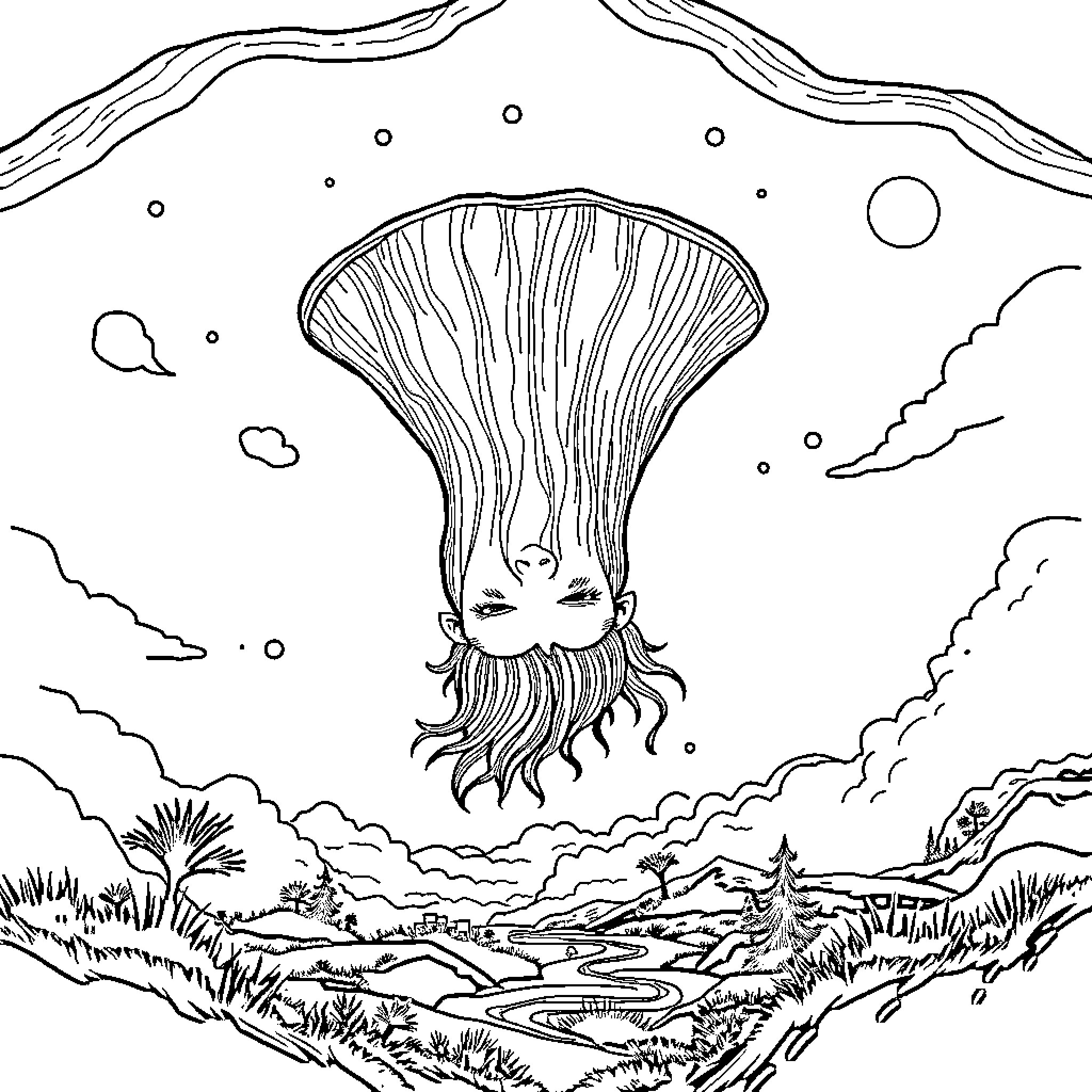 Wednesday Jellyfish floating in the cosmic landscape Coloring Page (free black-and-white line drawing printable PDF for all, from beginners to advanced learners, including children, teens, adults, and seniors)