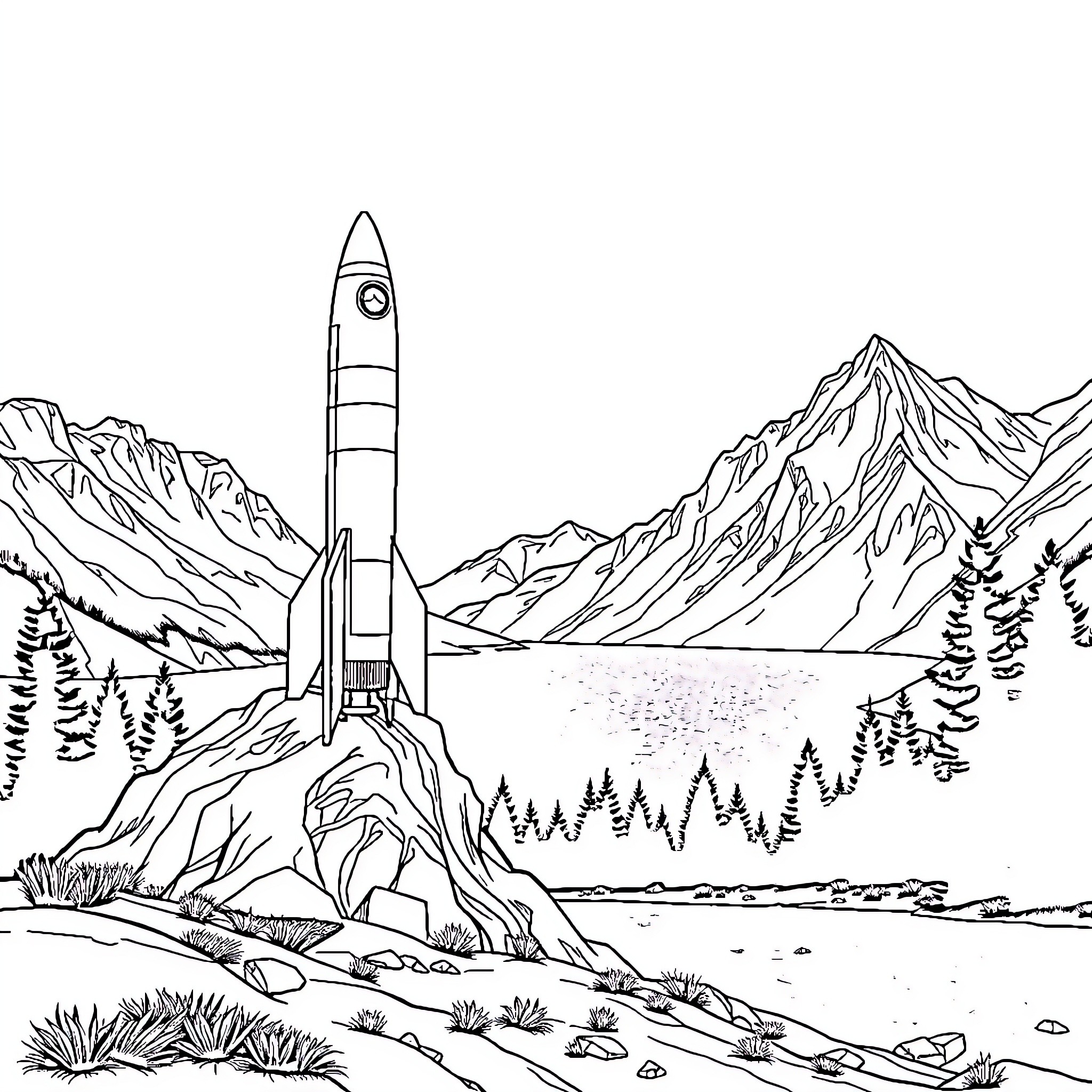 Rocket launch in the mountain landscape Coloring Page (free black-and-white line drawing printable PDF for all, from beginners to advanced learners, including children, teens, adults, and seniors)