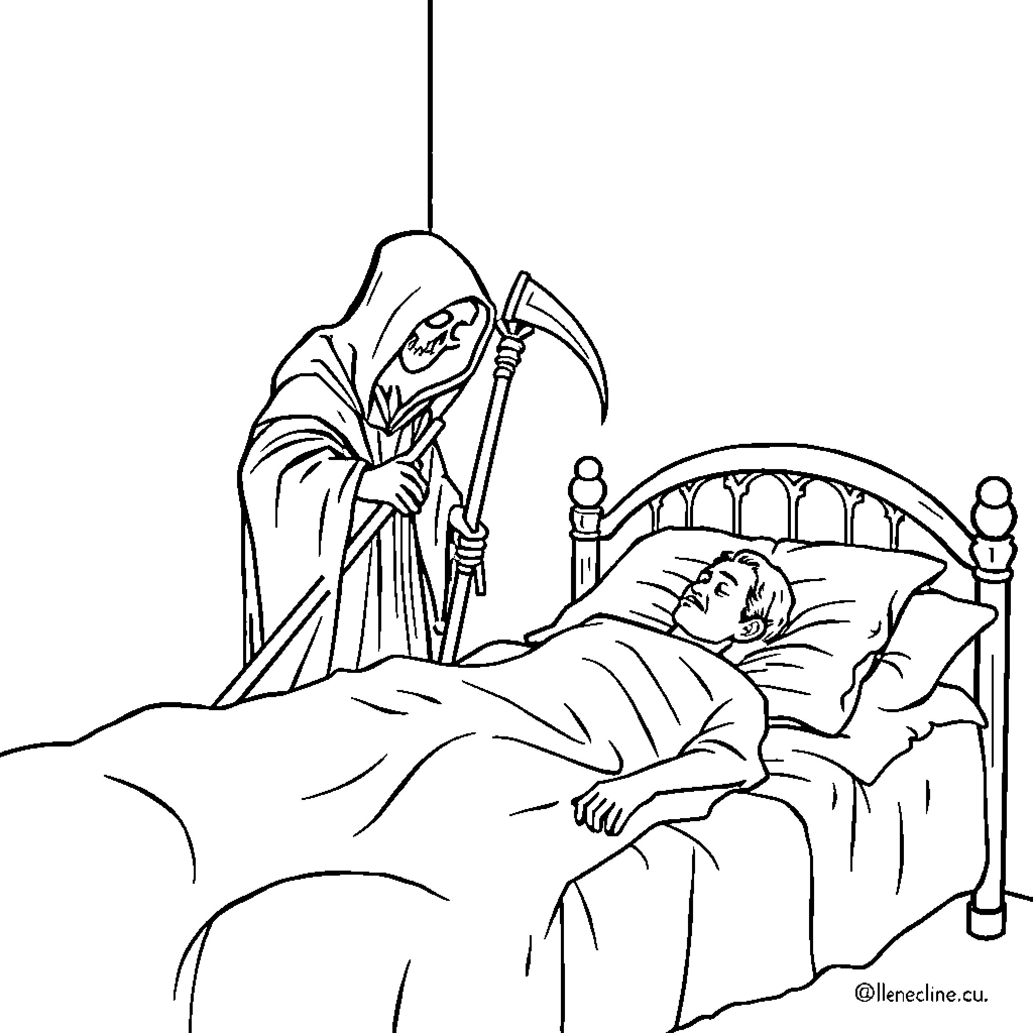 Grim Reaper approaches sleeping person's bedside Coloring Page (free black-and-white line drawing printable PDF for all, from beginners to advanced learners, including children, teens, adults, and seniors)