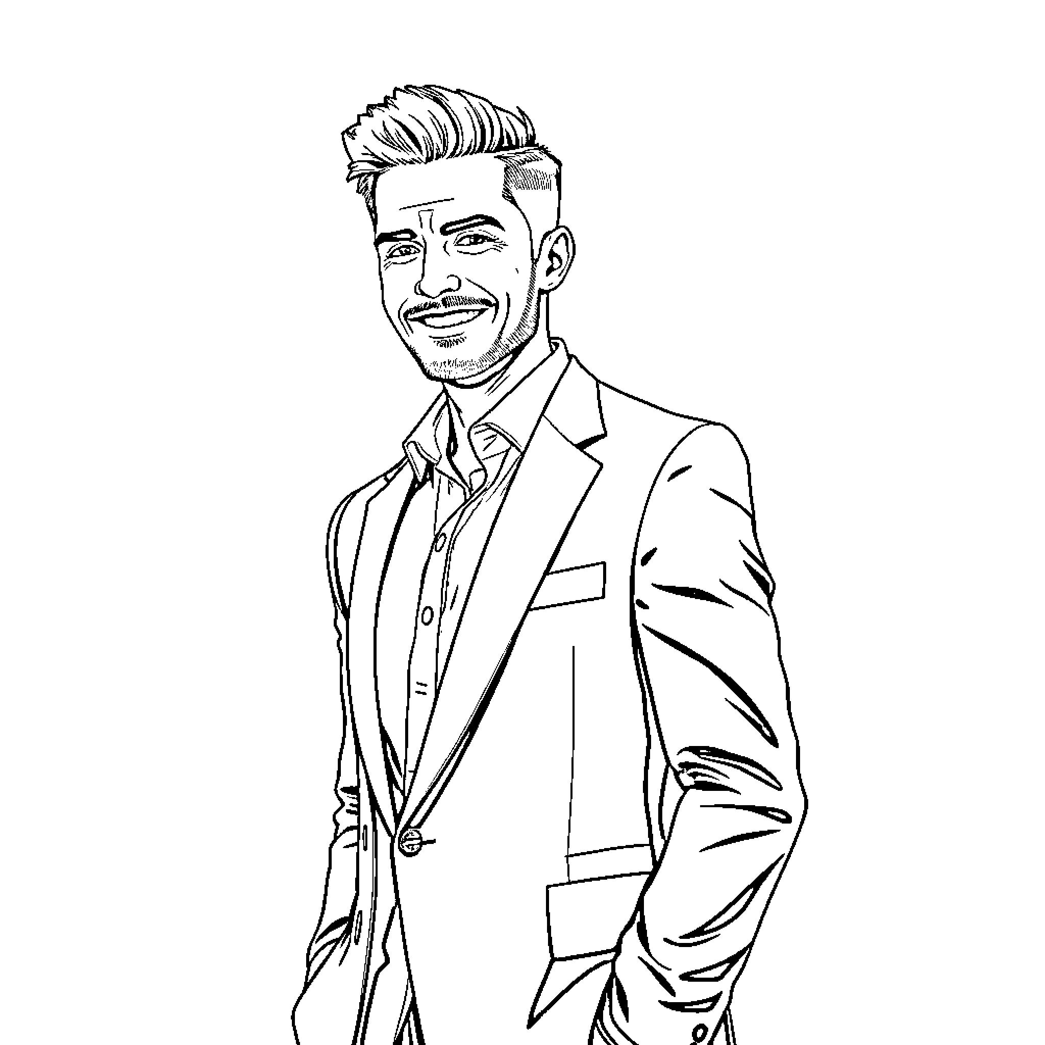 Man dressed smartly in a suit and tie Coloring Page (free black-and-white line drawing printable PDF for all, from beginners to advanced learners, including children, teens, adults, and seniors)