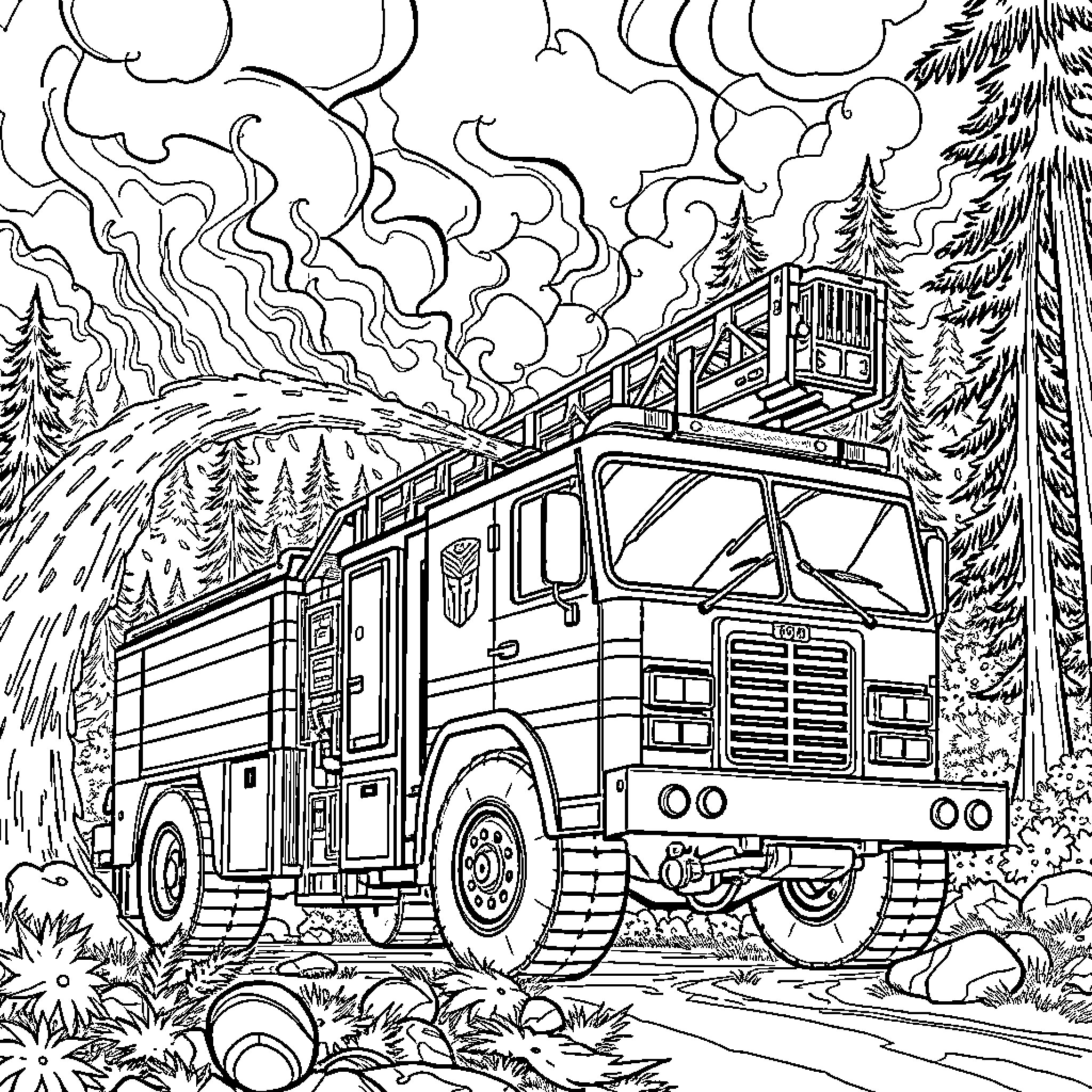 Transformer fire truck in the forest Coloring Page (free black-and-white line drawing printable PDF for all, from beginners to advanced learners, including children, teens, adults, and seniors)