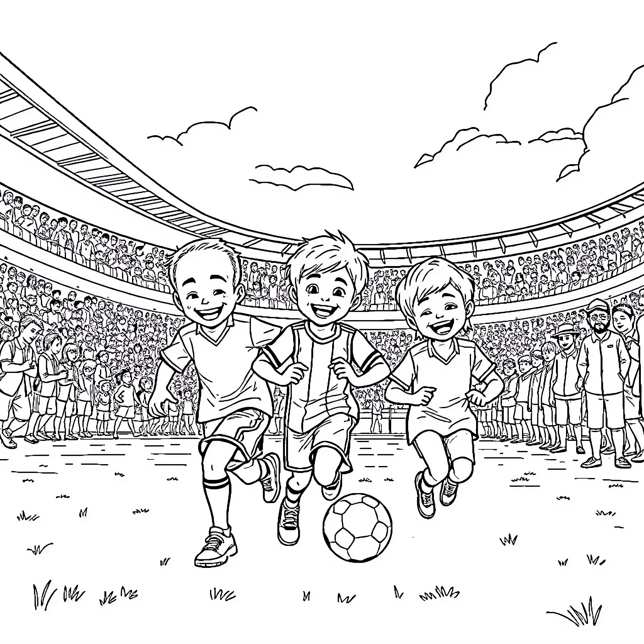 Niños jugando al fútbol en el estadio Coloring Page (free black-and-white line drawing printable PDF for all, from beginners to advanced learners, including children, teens, adults, and seniors)