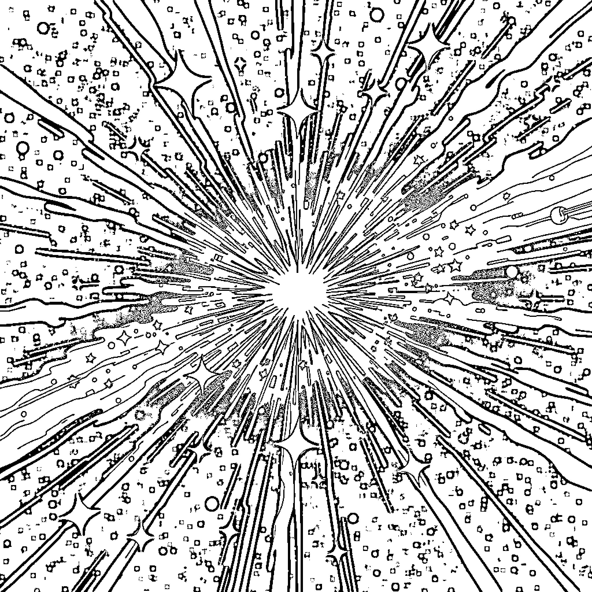 Universe of cosmic explosion Coloring Page (free black-and-white line drawing printable PDF for all, from beginners to advanced learners, including children, teens, adults, and seniors)