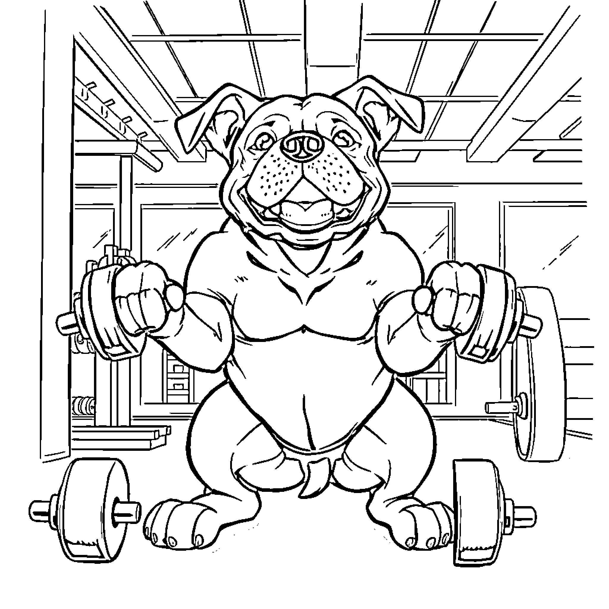 Dog lifting weights in the gym Coloring Page (free black-and-white line drawing printable PDF for all, from beginners to advanced learners, including children, teens, adults, and seniors)