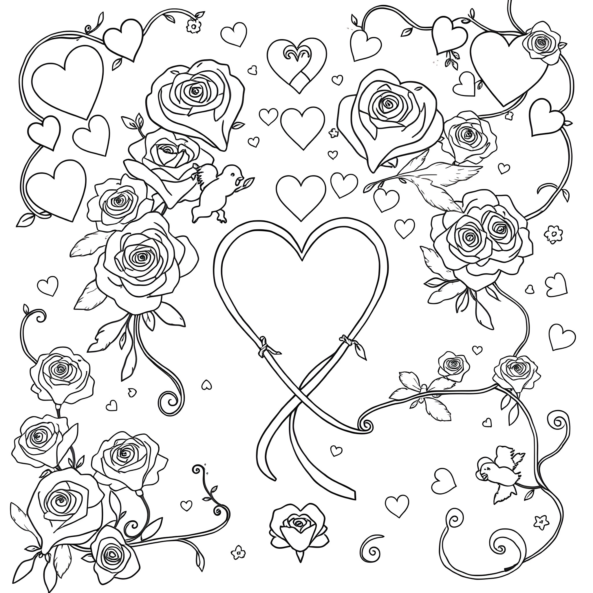 Valentine's Hearts and Roses Floral Design Coloring Page (free black-and-white line drawing printable PDF for all, from beginners to advanced learners, including children, teens, adults, and seniors)