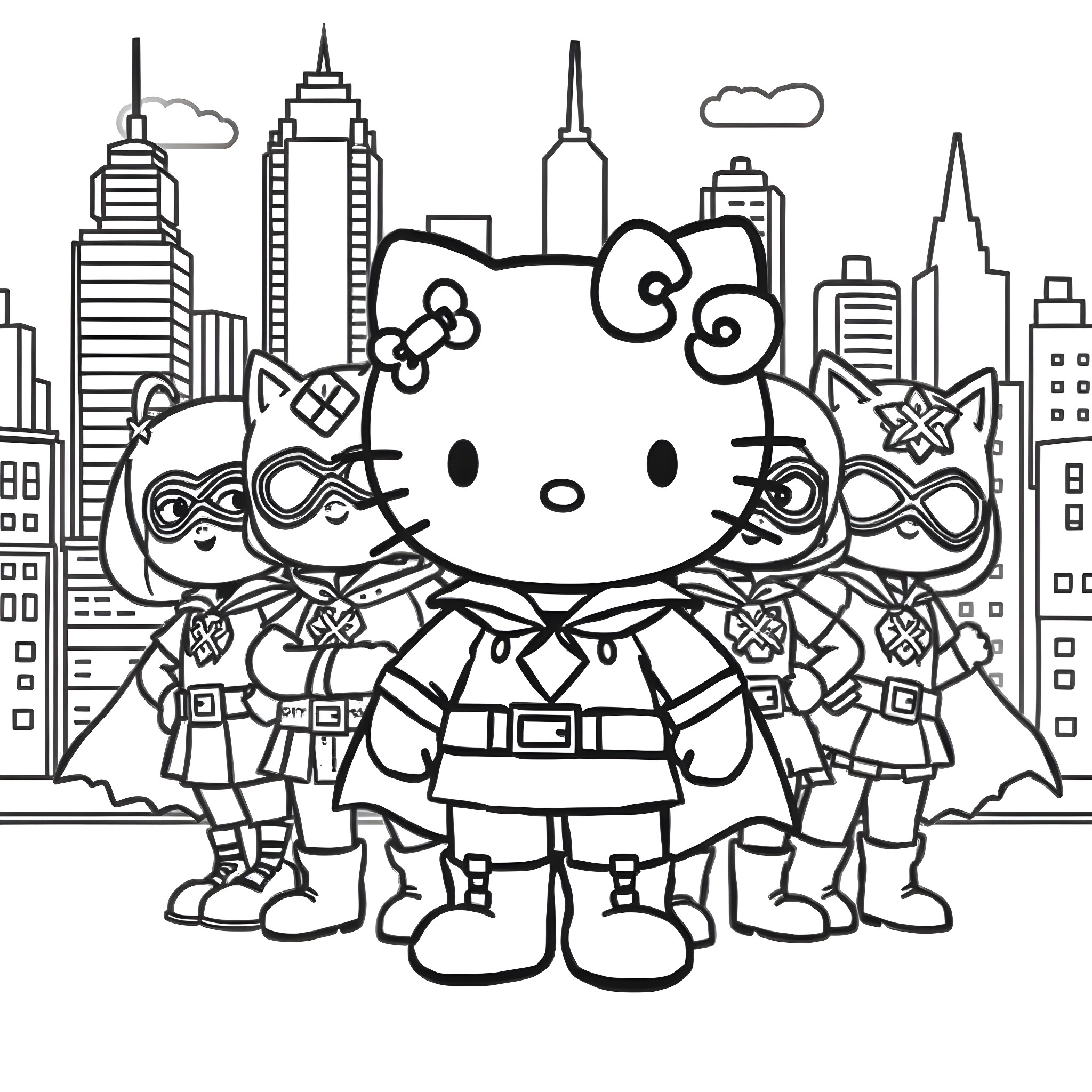 Hello Kitty and friends exploring the city skyline Coloring Page (free black-and-white line drawing printable PDF for all, from beginners to advanced learners, including children, teens, adults, and seniors)