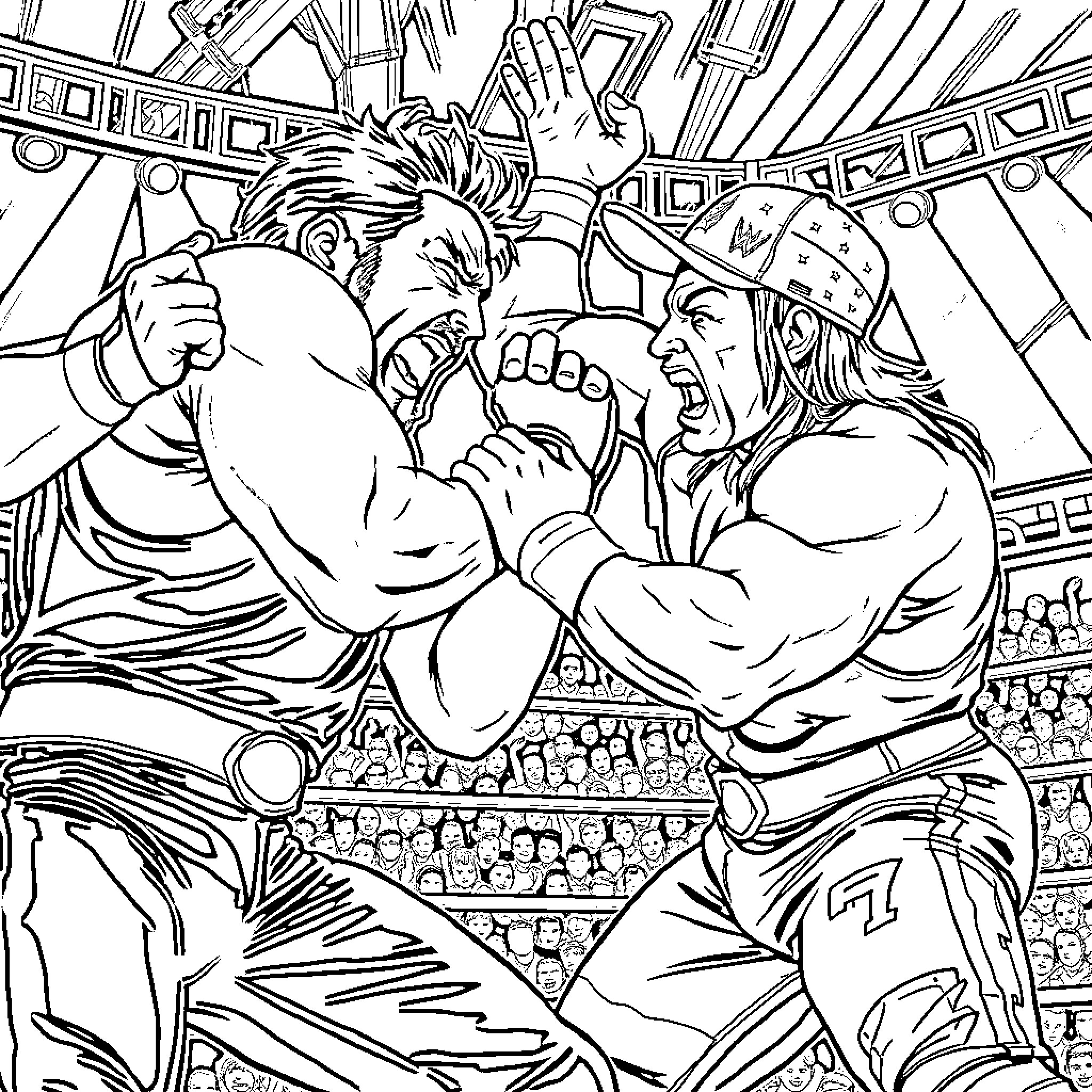 Kenny Omega's intense wrestling match in the ring Coloring Page (free black-and-white line drawing printable PDF for all, from beginners to advanced learners, including children, teens, adults, and seniors)