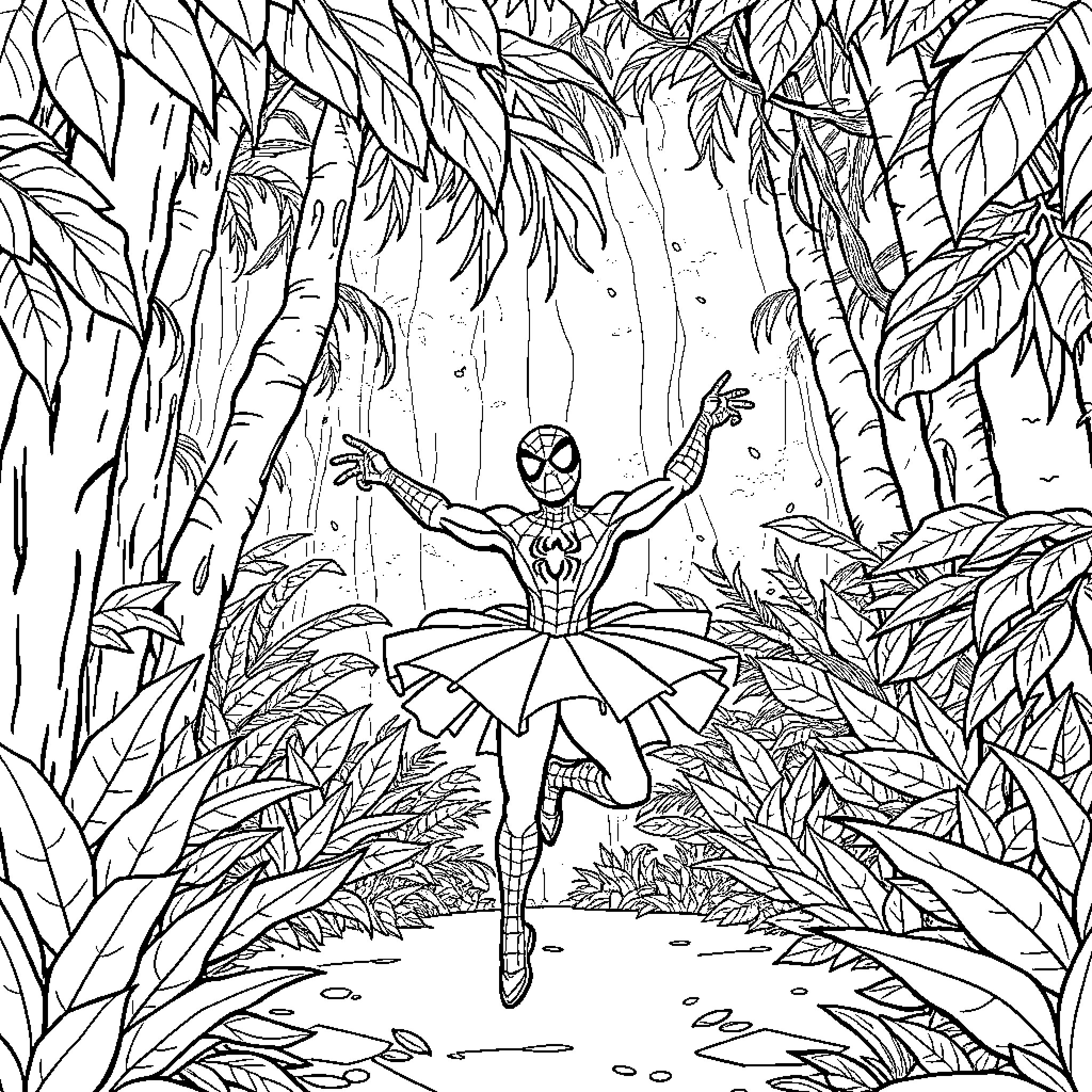 Spider-Man dancing in a tutu within a jungle Coloring Page (free black-and-white line drawing printable PDF for all, from beginners to advanced learners, including children, teens, adults, and seniors)