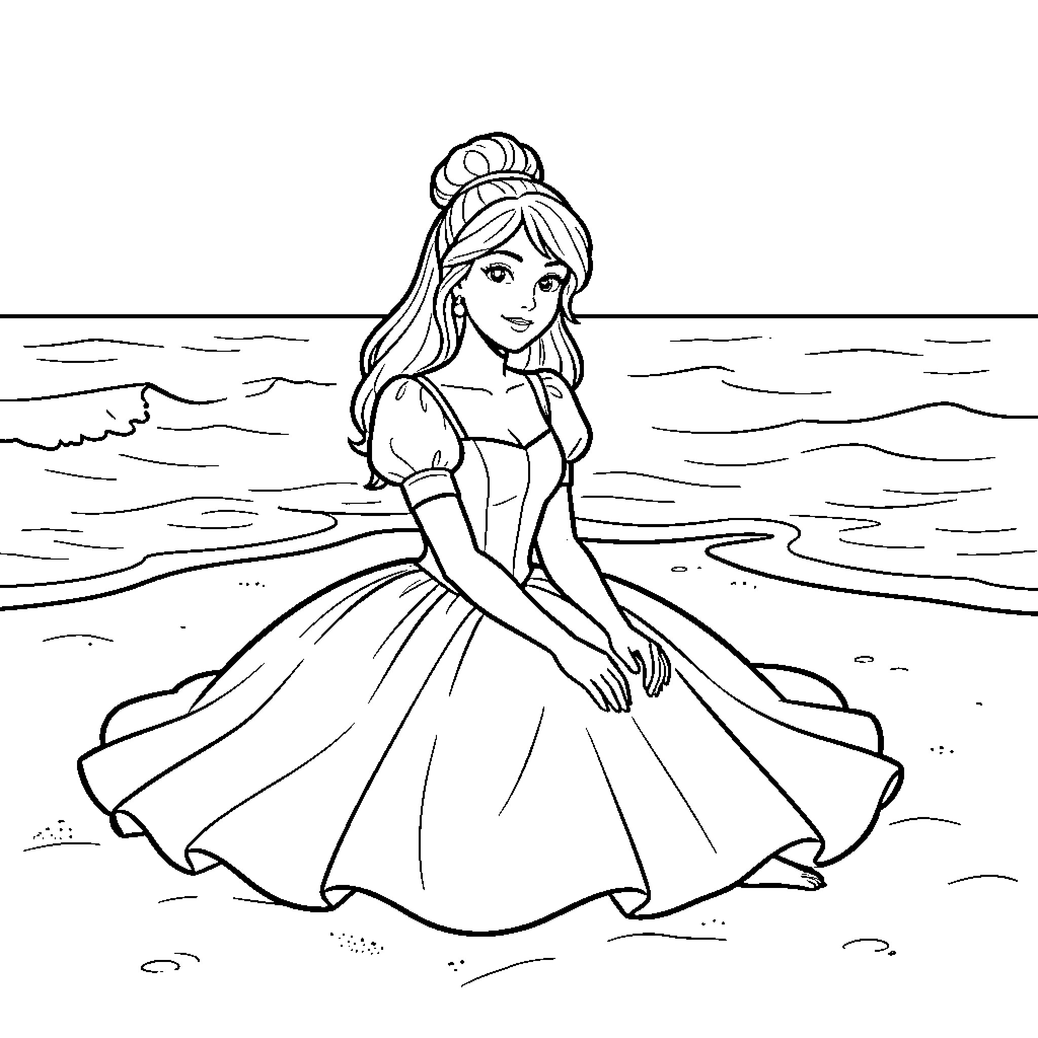 Cinderella sitting peacefully on a sandy beach Coloring Page (free black-and-white line drawing printable PDF for all, from beginners to advanced learners, including children, teens, adults, and seniors)