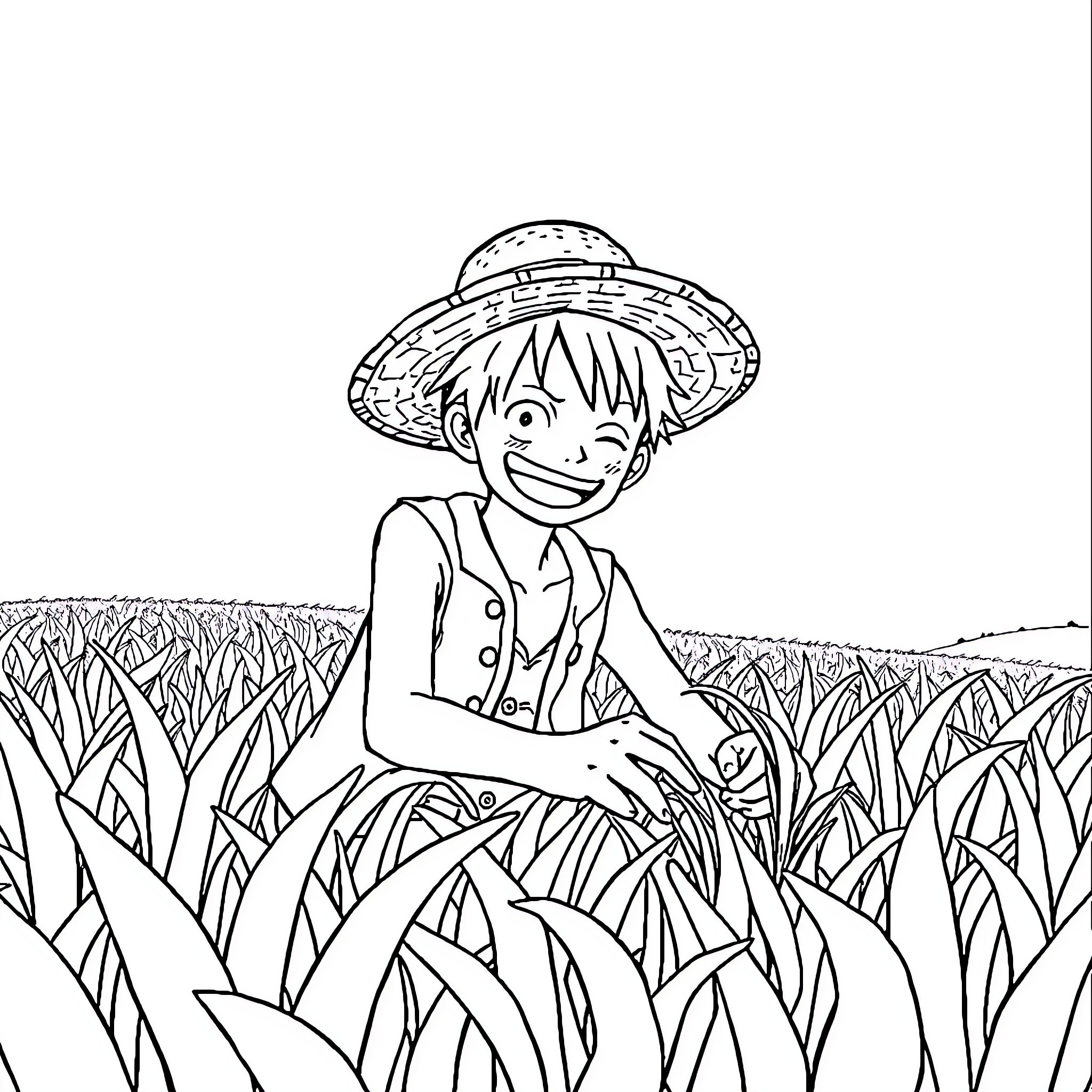 Luffy exploring the lush field of dreams Coloring Page (free black-and-white line drawing printable PDF for all, from beginners to advanced learners, including children, teens, adults, and seniors)