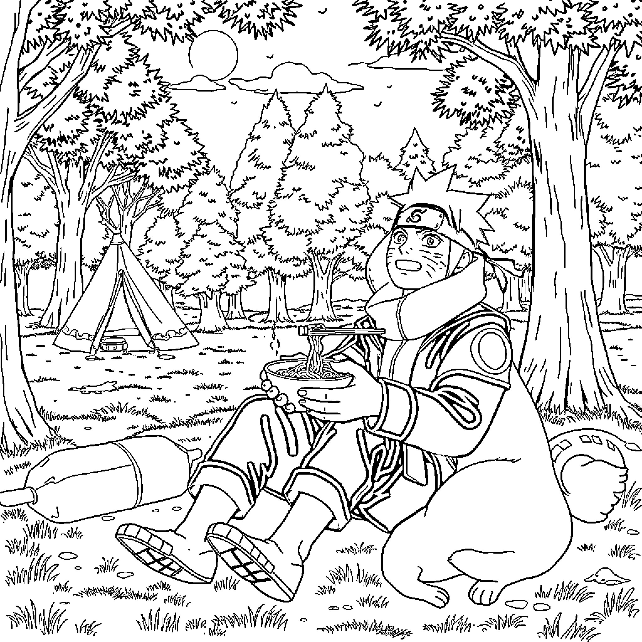 Naruto enjoying a peaceful outdoor adventure Coloring Page (free black-and-white line drawing printable PDF for all, from beginners to advanced learners, including children, teens, adults, and seniors)