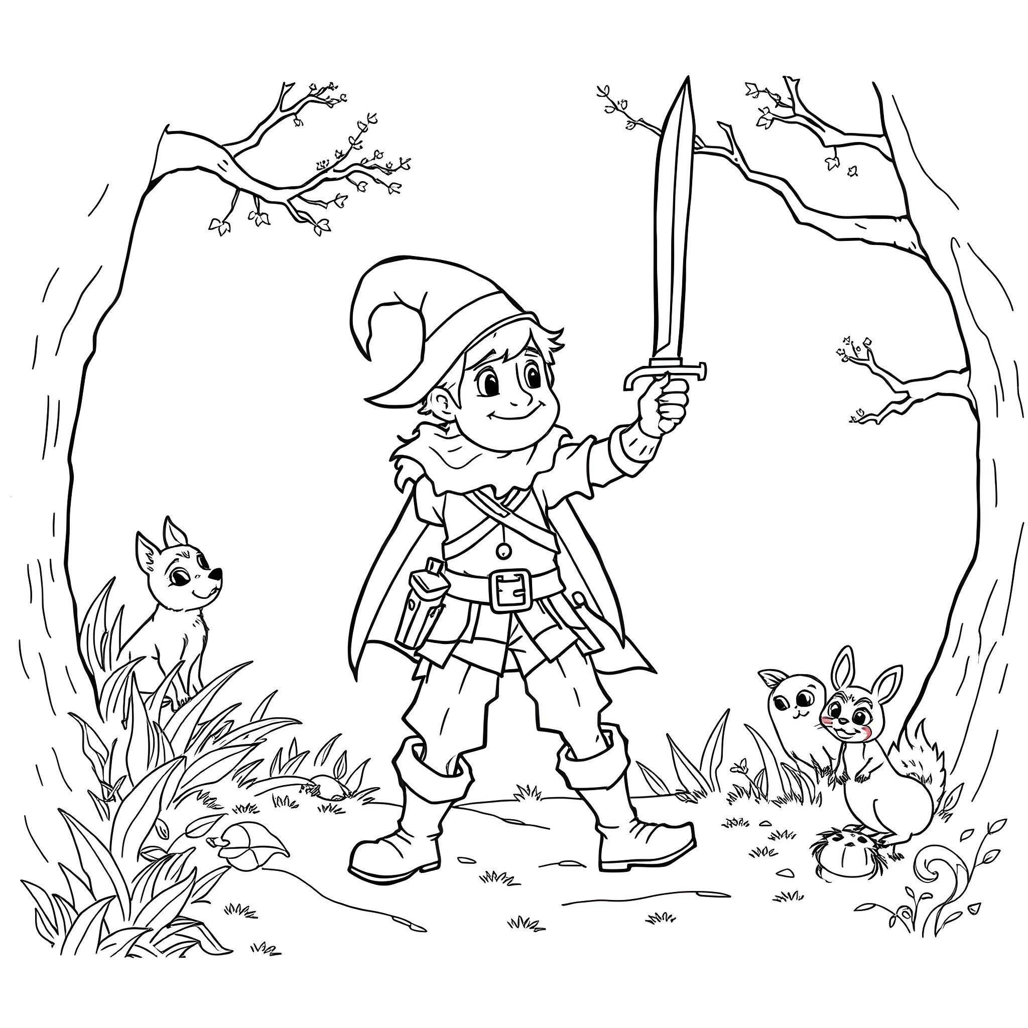 Dave the Knave battles forest creatures with sword Coloring Page (free black-and-white line drawing printable PDF for all, from beginners to advanced learners, including children, teens, adults, and seniors)