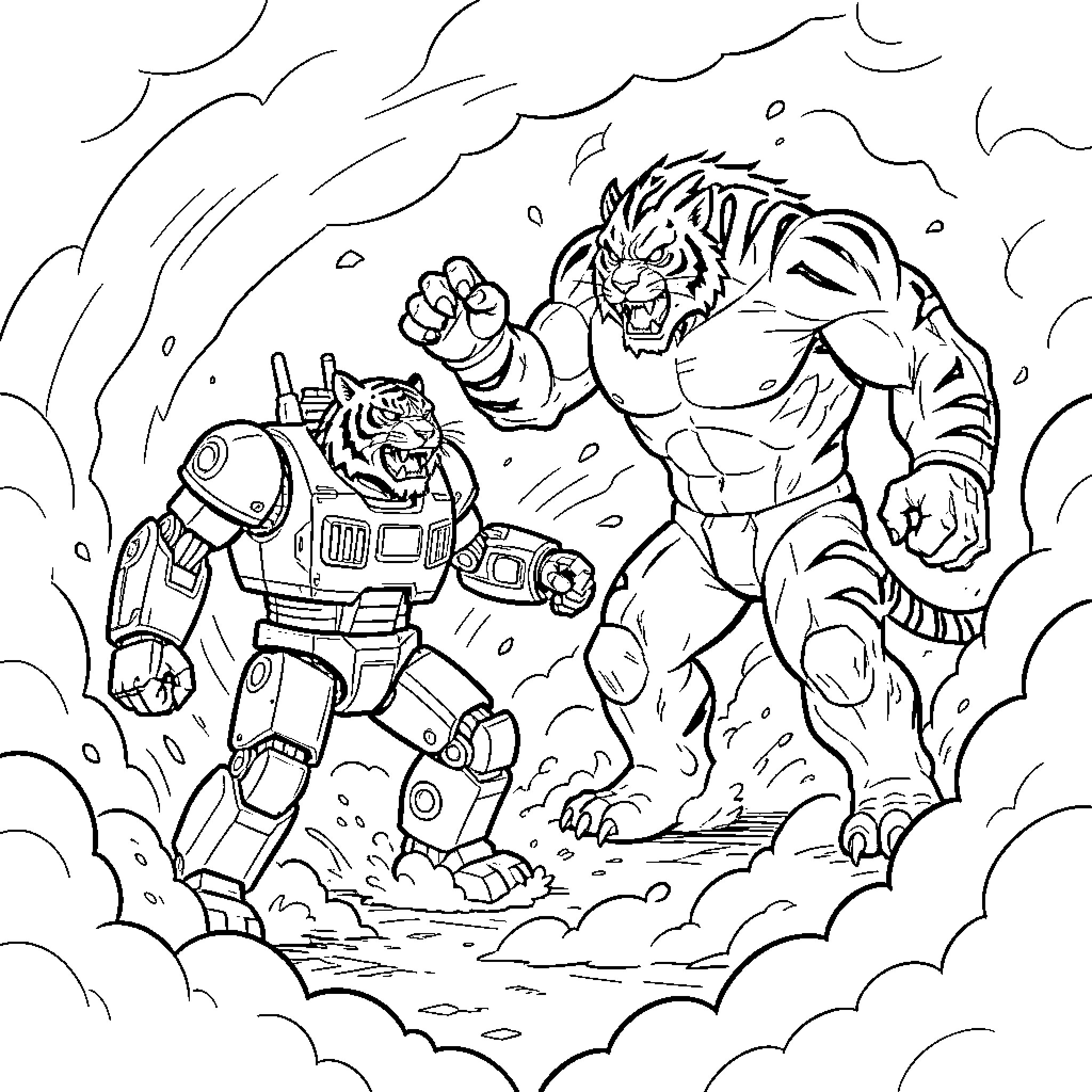 Tiger Robot Battling Futuristic Adversary Coloring Page (free black-and-white line drawing printable PDF for all, from beginners to advanced learners, including children, teens, adults, and seniors)