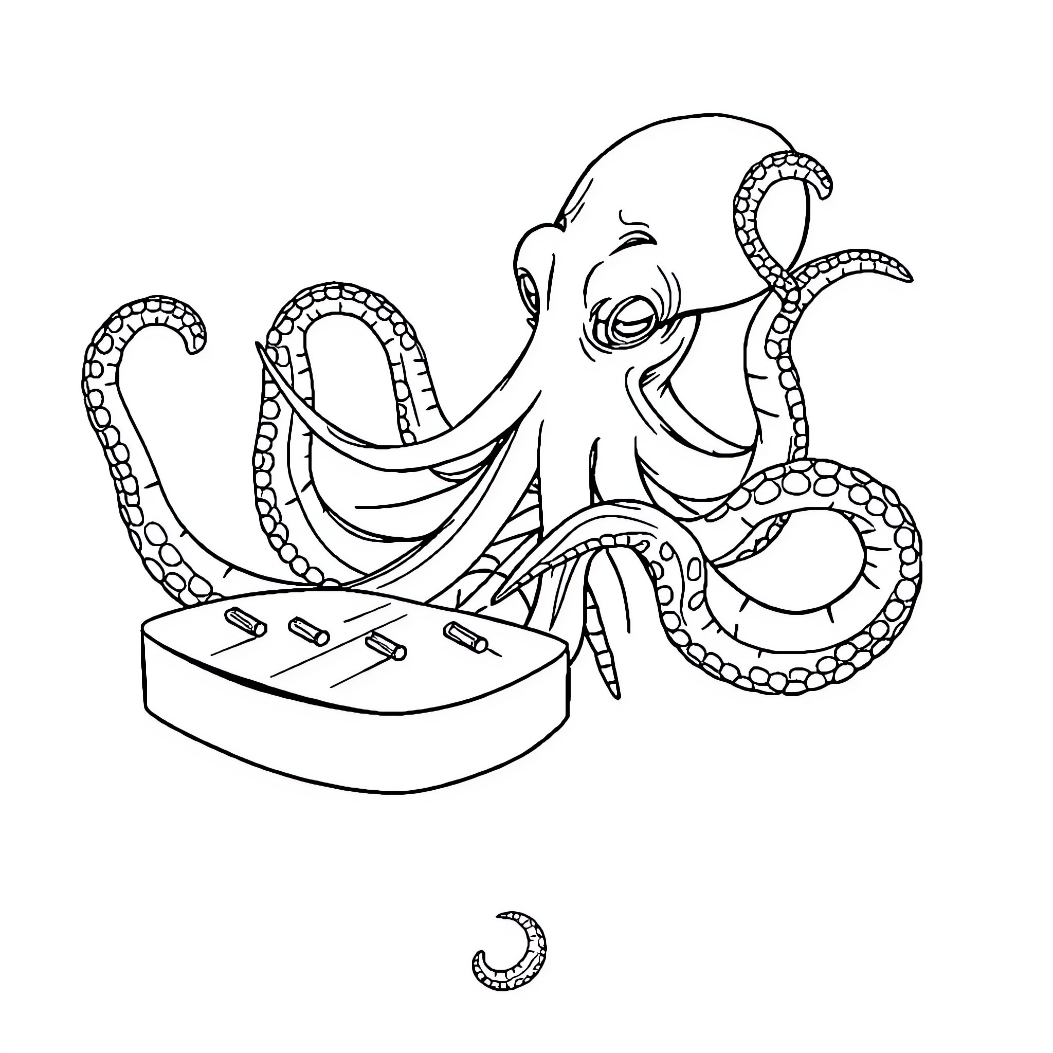 Dulcimer played by a playful octopus Coloring Page (free black-and-white line drawing printable PDF for all, from beginners to advanced learners, including children, teens, adults, and seniors)