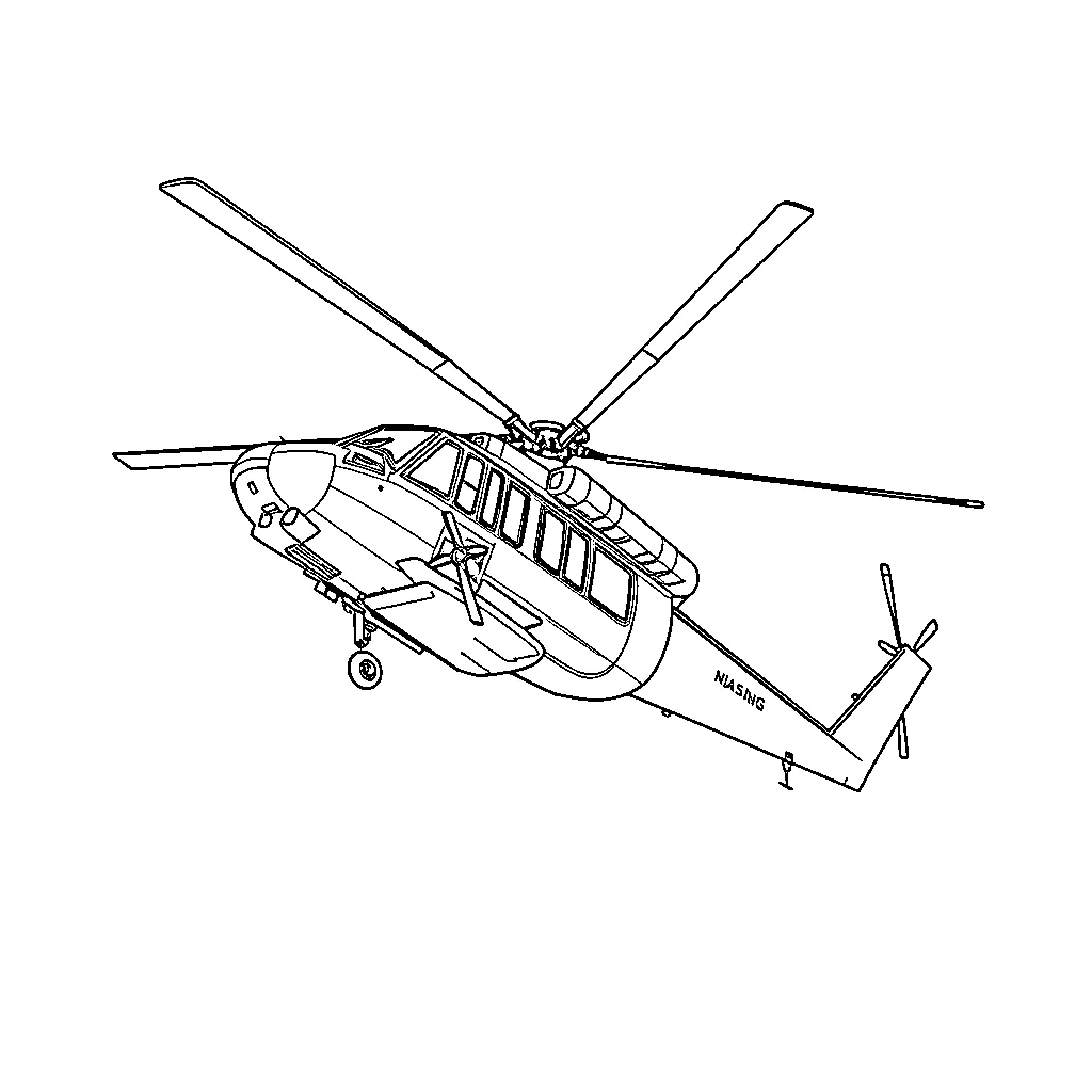 Blackhawk military helicopter in flight Coloring Page (free black-and-white line drawing printable PDF for all, from beginners to advanced learners, including children, teens, adults, and seniors)