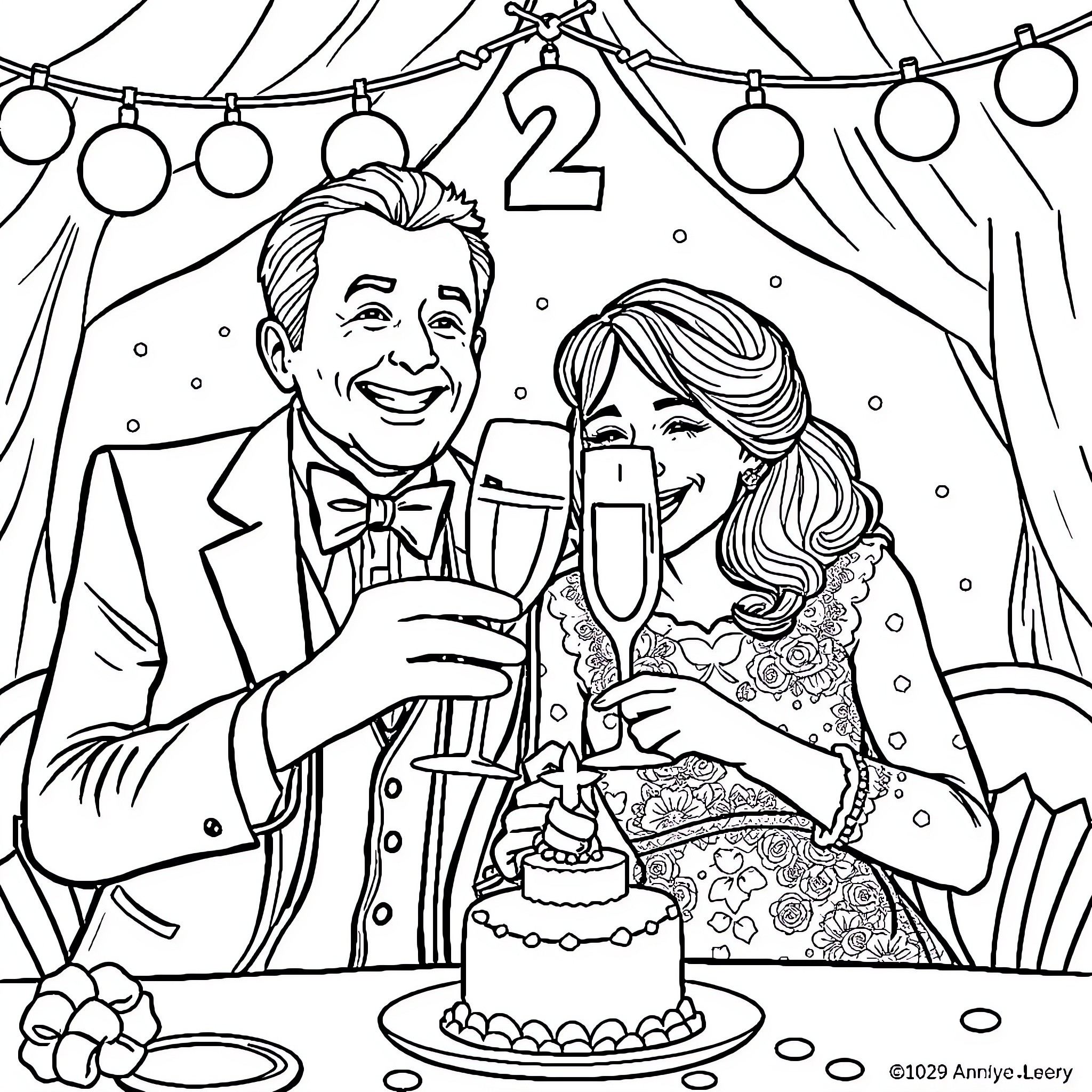 Wedding celebration with happy couple toasting and cake Coloring Page (free black-and-white line drawing printable PDF for all, from beginners to advanced learners, including children, teens, adults, and seniors)