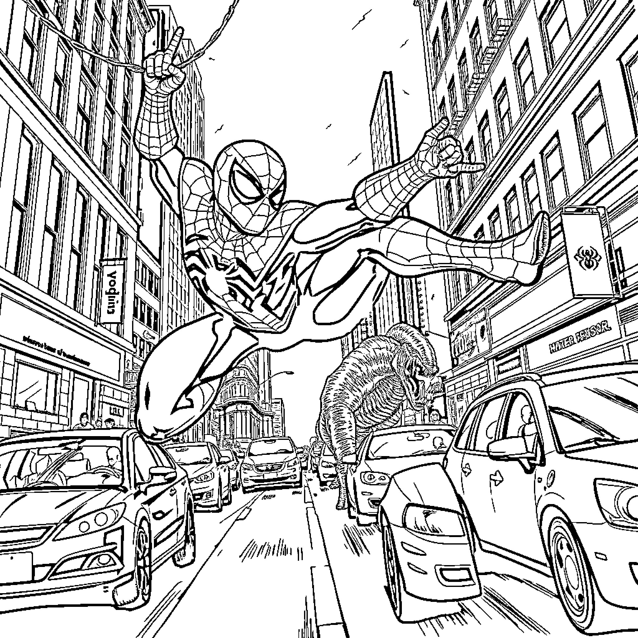 Spiderman swinging through the city streets Coloring Page (free black-and-white line drawing printable PDF for all, from beginners to advanced learners, including children, teens, adults, and seniors)