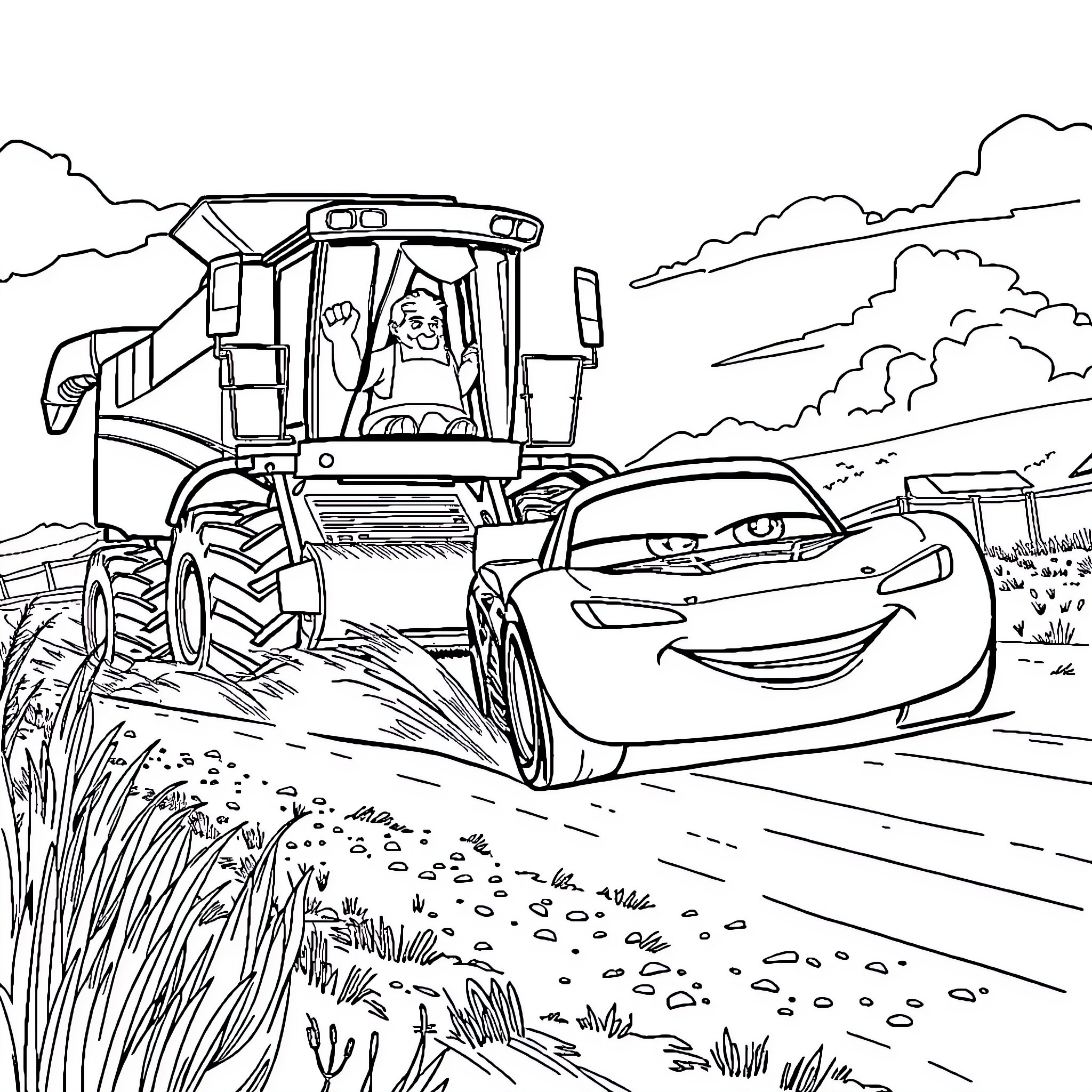 Lightning McQueen's rural adventure with a tractor Coloring Page (free black-and-white line drawing printable PDF for all, from beginners to advanced learners, including children, teens, adults, and seniors)