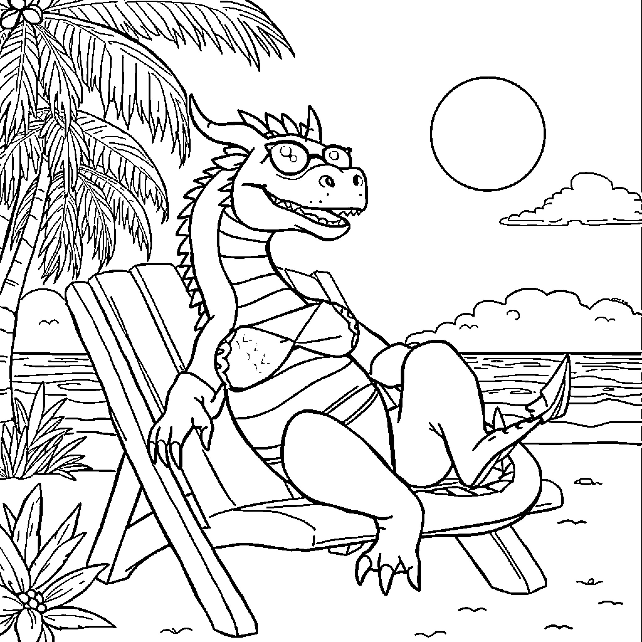 Dragon relaxing on the beach under the sun Coloring Page (free black-and-white line drawing printable PDF for all, from beginners to advanced learners, including children, teens, adults, and seniors)