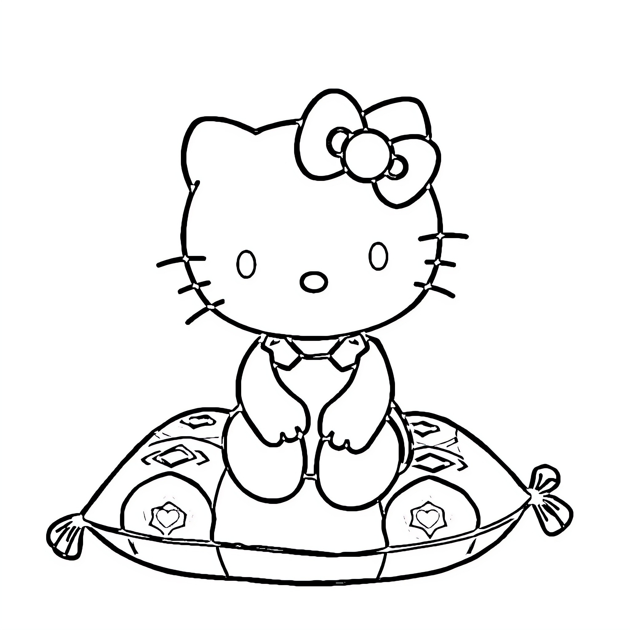 Hello Kitty Relaxing on Floral Cushion Coloring Page (free black-and-white line drawing printable PDF for all, from beginners to advanced learners, including children, teens, adults, and seniors)